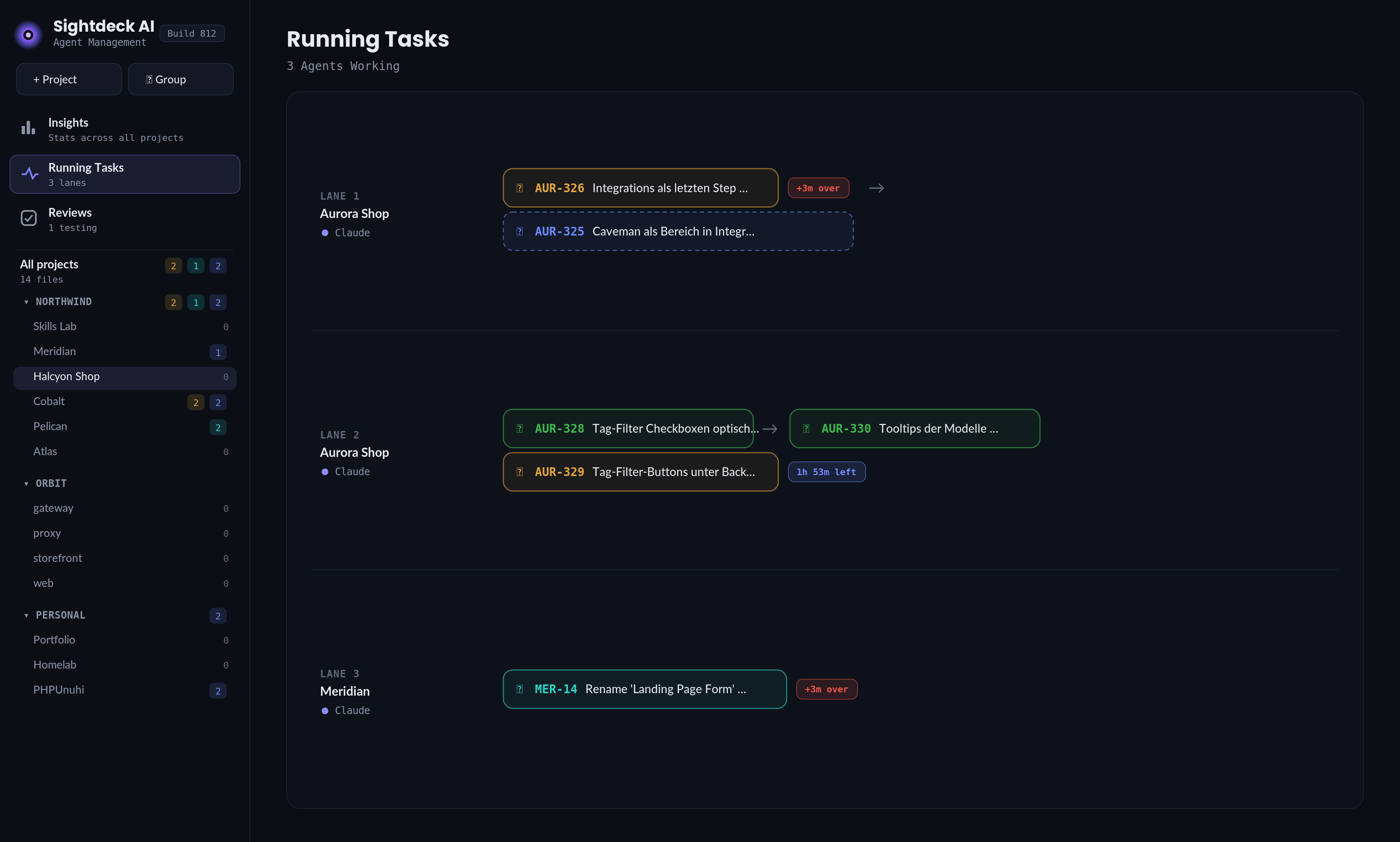 Sightdeck AI window: left sidebar with all projects, main area showing Running Tasks with three live lanes