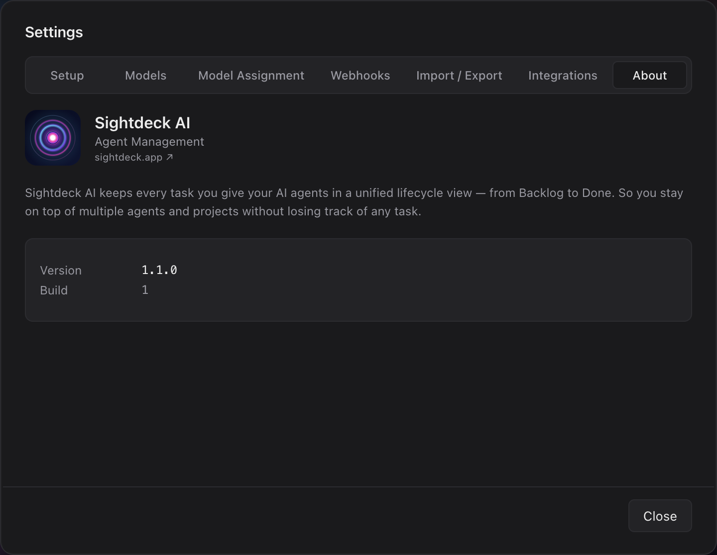 Sightdeck AI About tab showing the current version and build