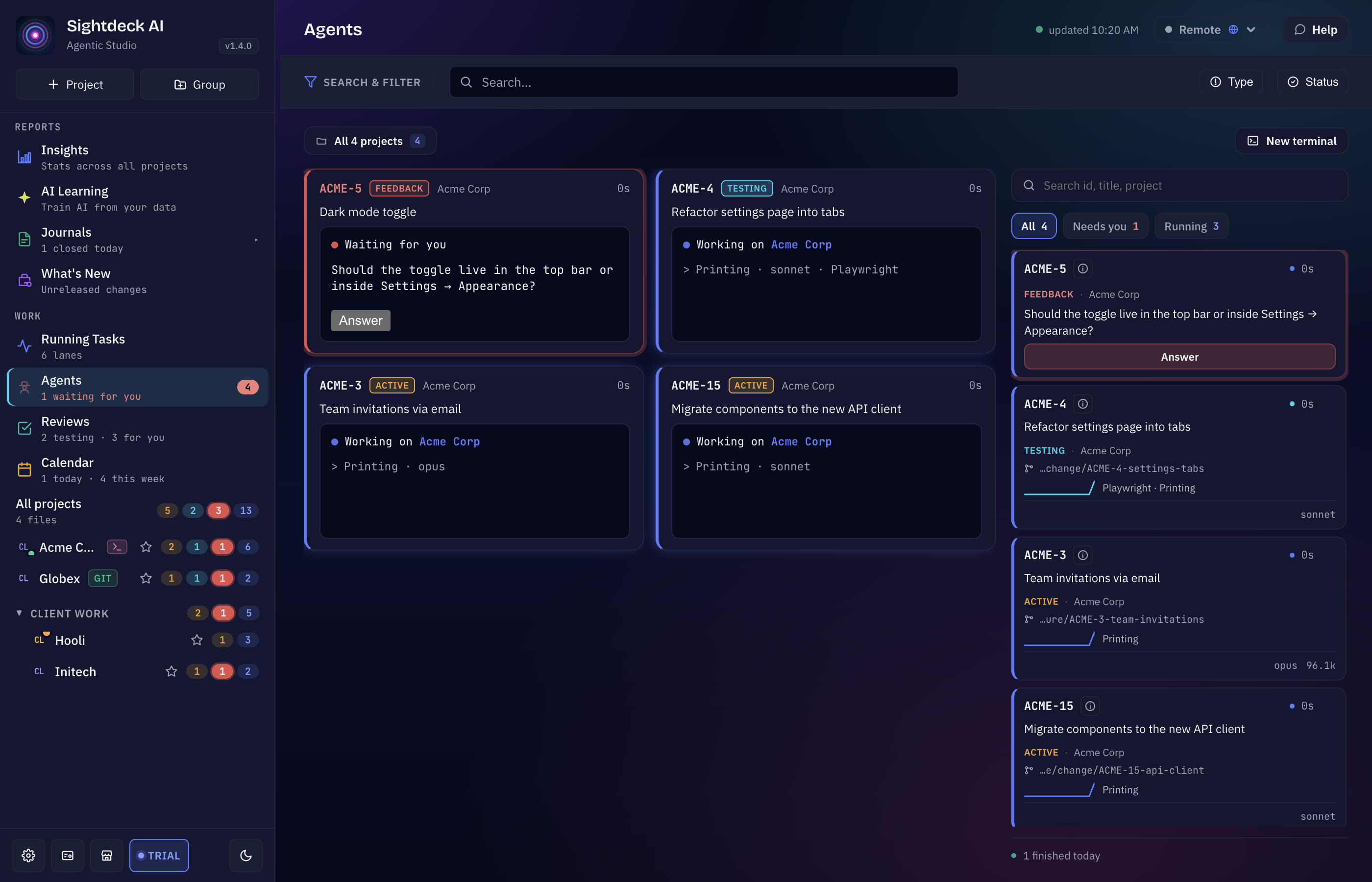 Sightdeck AI Agents view with several running agent sessions, each showing its task, status and branch