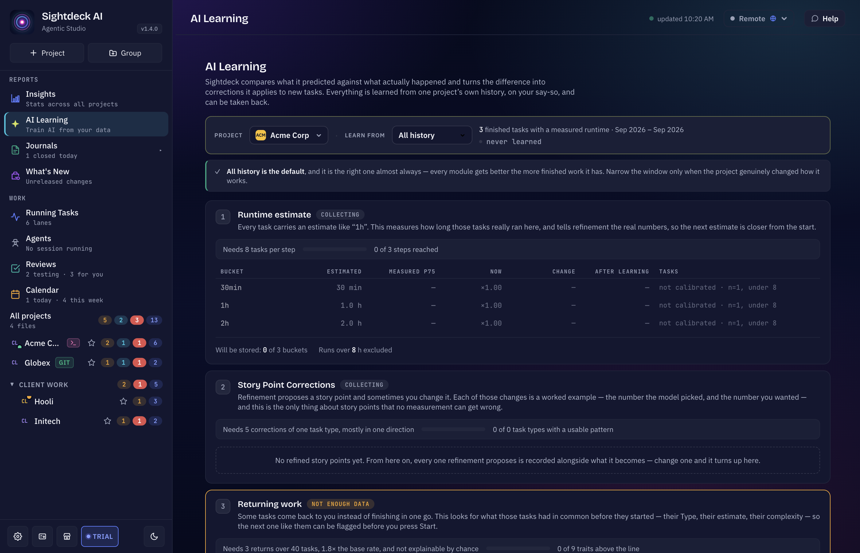 Sightdeck AI, AI Learning view: project picker, the Learn from window and three module cards, each with its data requirement, a preview table and an Apply button