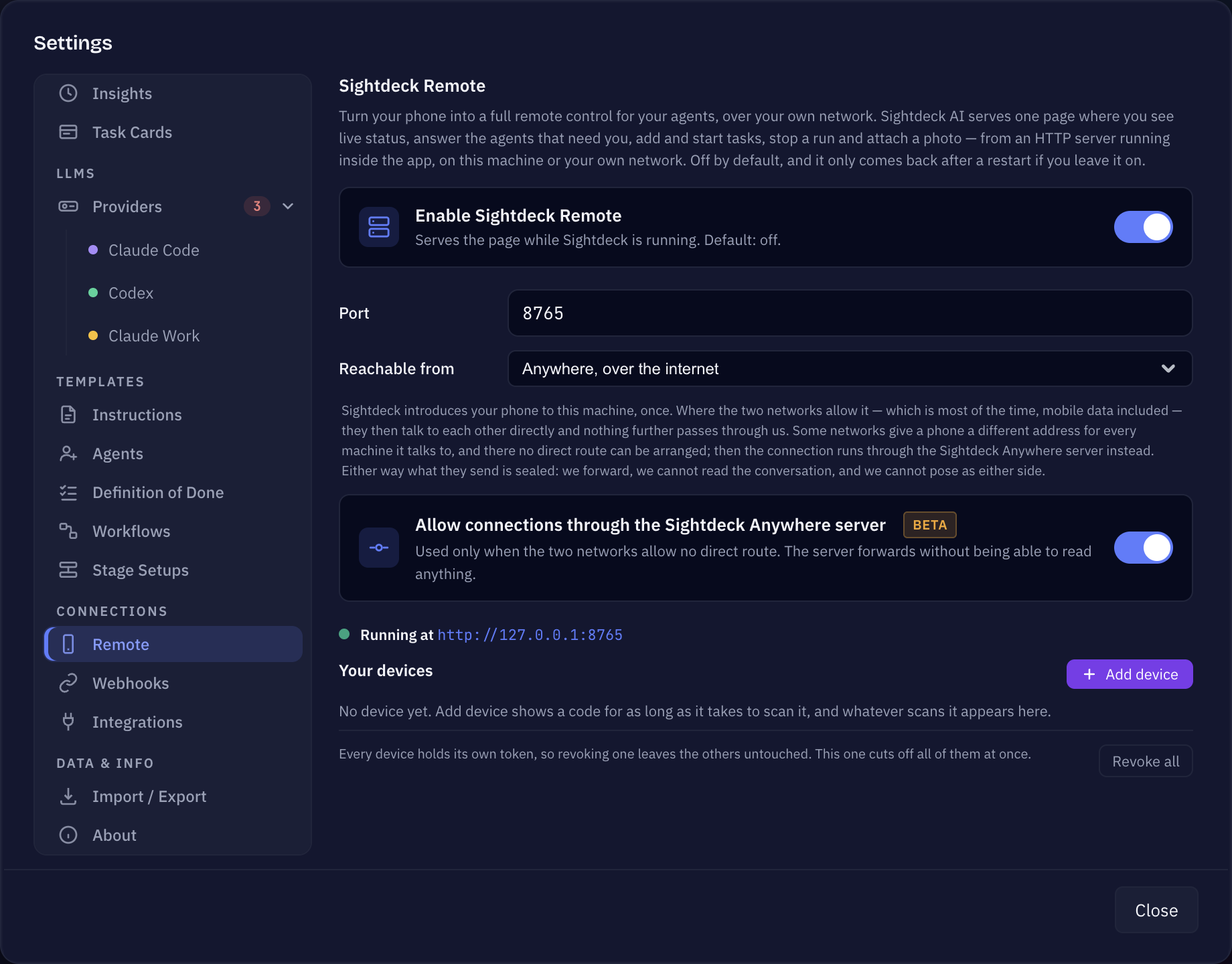 Sightdeck AI Settings, Remote tab with Reachable from set to anywhere over the internet and the relay switch below it