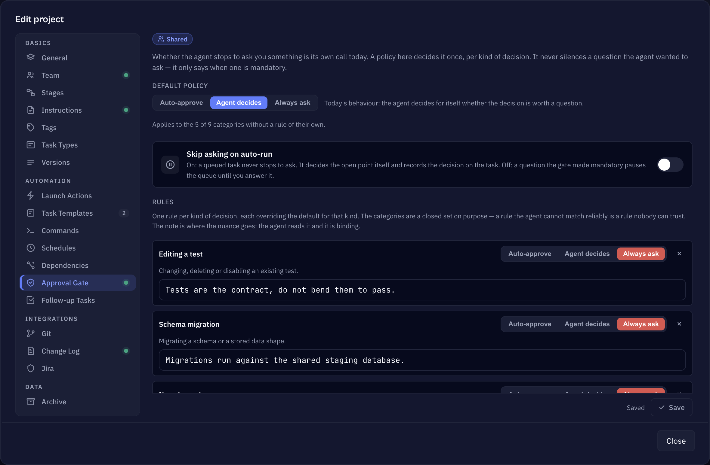 Sightdeck AI project settings, Approval Gate tab: default policy, rules per decision category with a policy and a note, and the Skip asking on auto-run switch