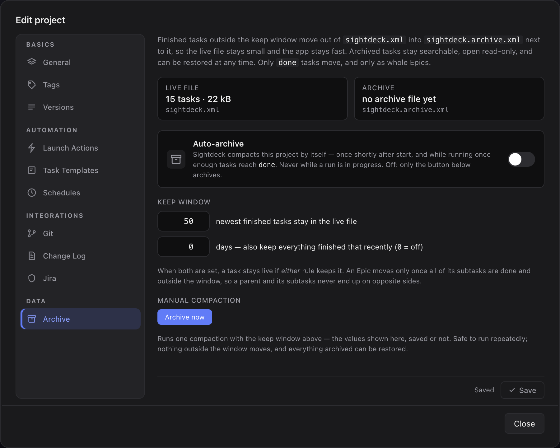 Project settings Archive tab with file sizes, auto-archive switch and keep window