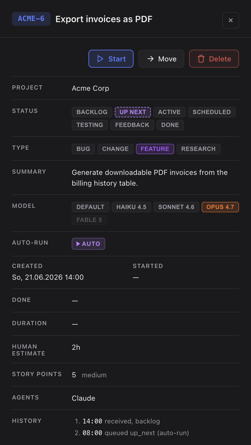 Sightdeck AI task detail for an Up Next queued task with the violet Auto pill visible