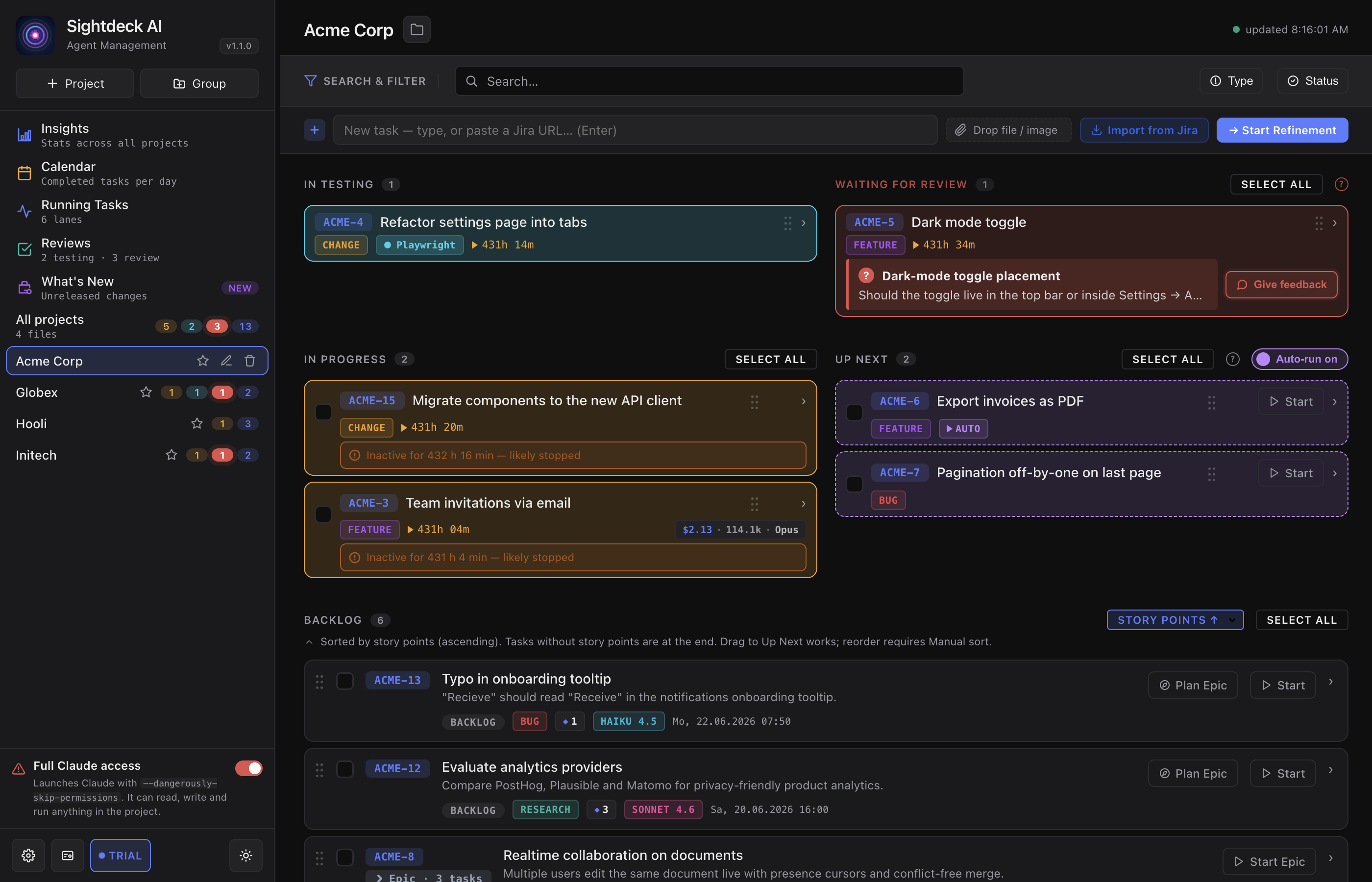 Sightdeck AI board with backlog, active, testing and done columns