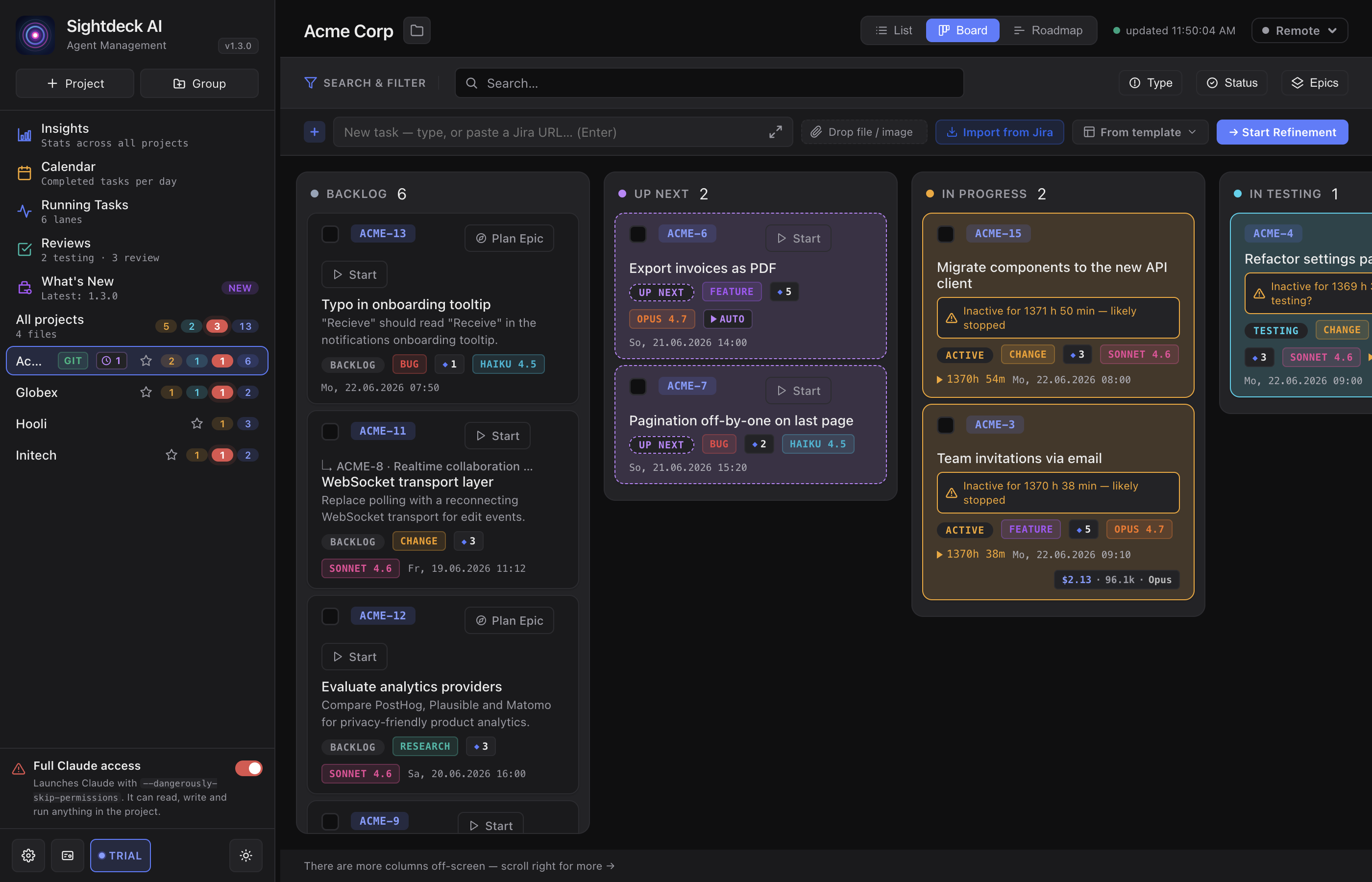 Sightdeck AI Kanban board showing the Backlog, Up Next, In Progress and In Testing columns populated with demo tasks; the remaining columns sit off-screen to the right