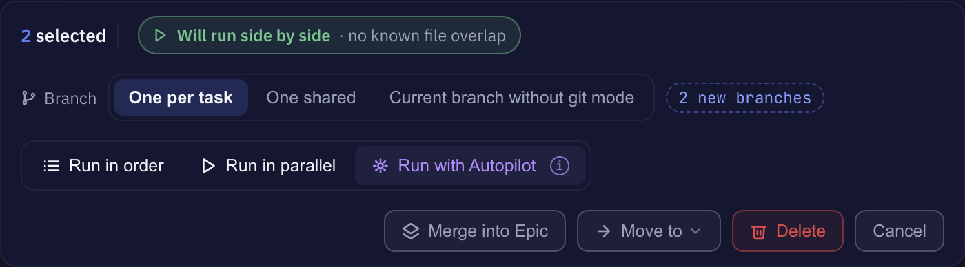 Branch choice for a run: One per task, One shared, or Current branch without git mode, with the preview of the branch the run will use