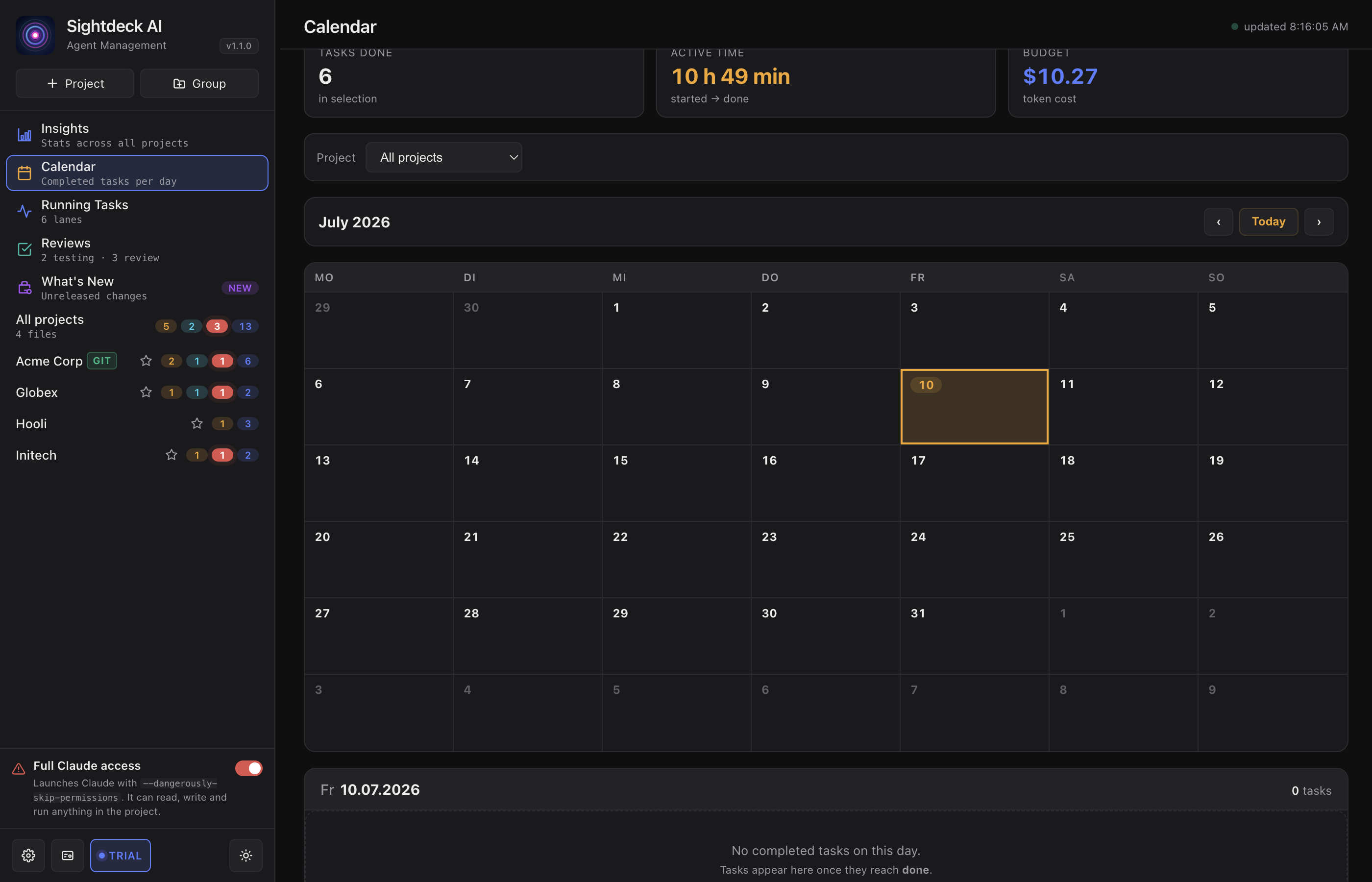 Sightdeck AI Calendar view showing a monthly grid with completed-task counts per day and a day-list panel below