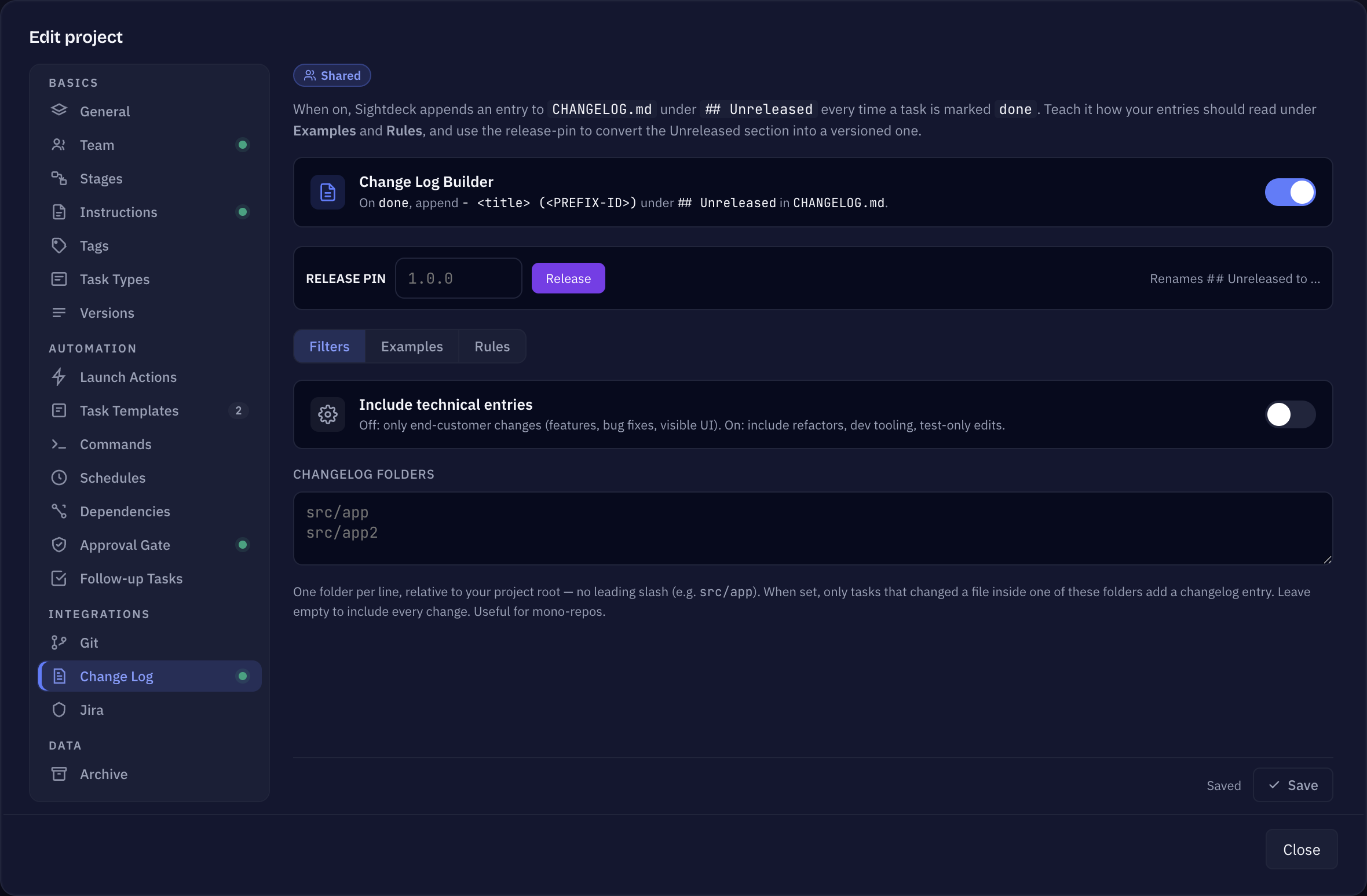 Project settings Change Log tab: the Change Log Builder switch, the release pin and the audience and folder filters