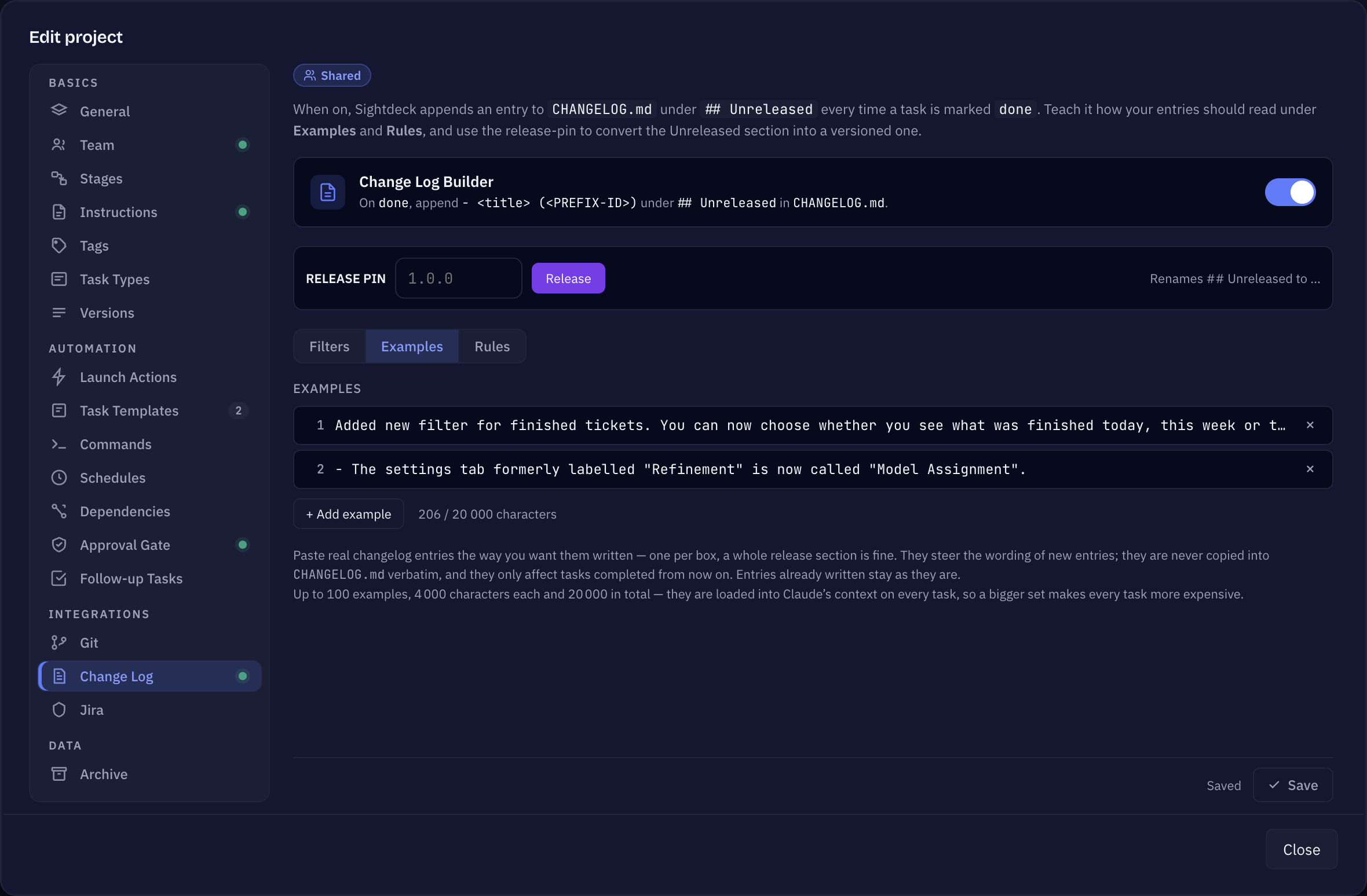 Project settings Change Log tab, Examples pane with pasted changelog entries and the usage counter