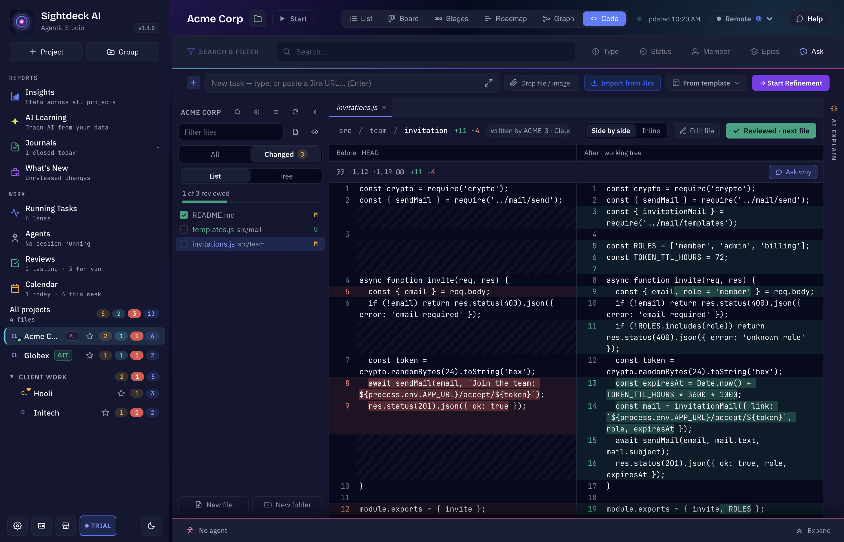 Sightdeck AI Code Review: a changed file before and after side by side, the Ask why button on a change and reviewed ticks in the file list