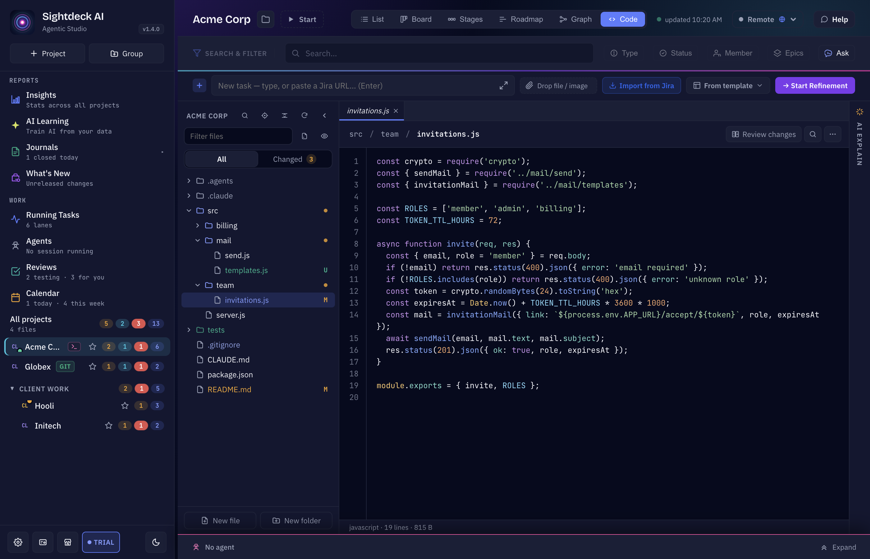 Sightdeck AI Code view: the file tree with git status on the left, open tabs and a file with syntax highlighting on the right