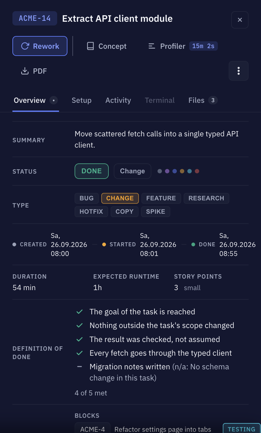 Sightdeck AI: the Definition of Done editor of an agent with its items, and a finished task showing each item as met or not applicable