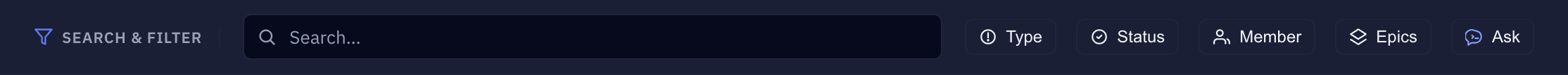 Sightdeck AI filter bar: search field with Version, Type, Status, Member and Epics filters