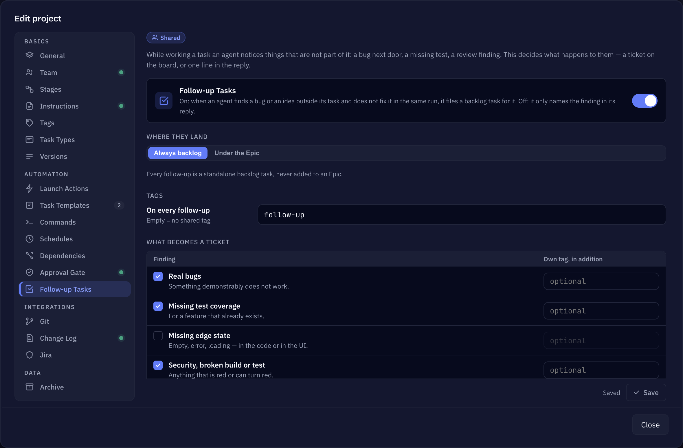Sightdeck AI project settings, Follow-up Tasks tab: the on/off switch, where follow-ups land, tags, the kinds that become a ticket and the limits per run