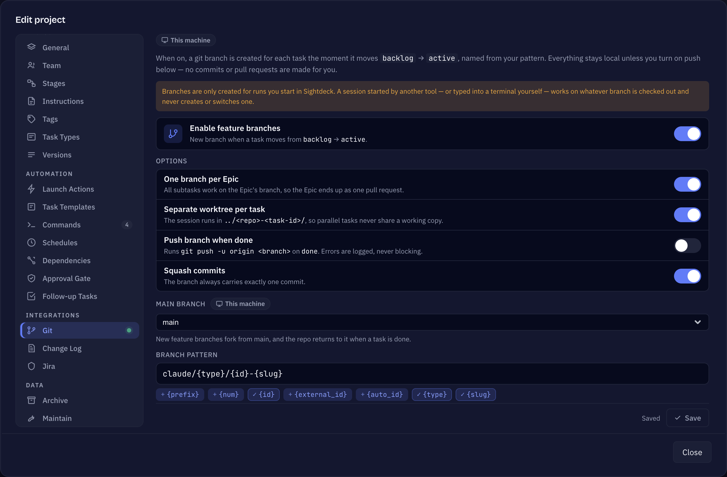 Edit project, Git tab: feature branches switched on, the main branch, the branch pattern with its preview, and the options