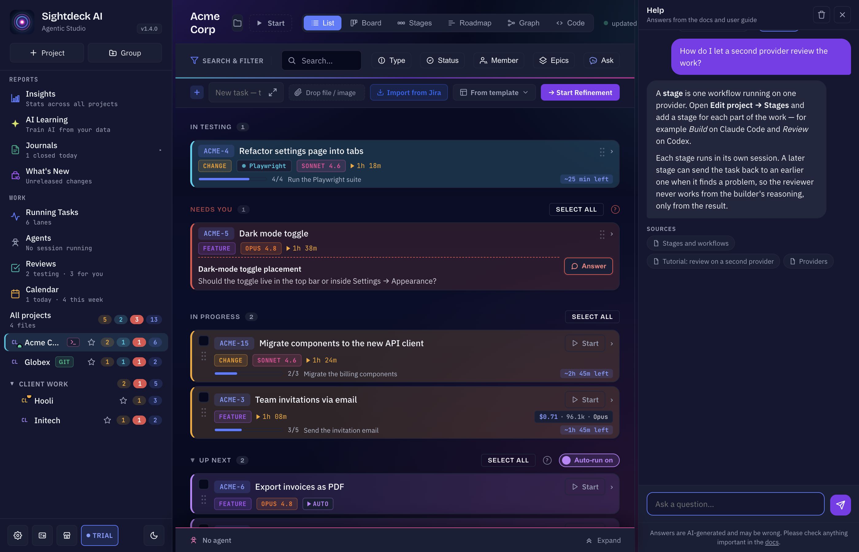Sightdeck AI Help panel: a question, the answer from the documentation and the Sources links below it