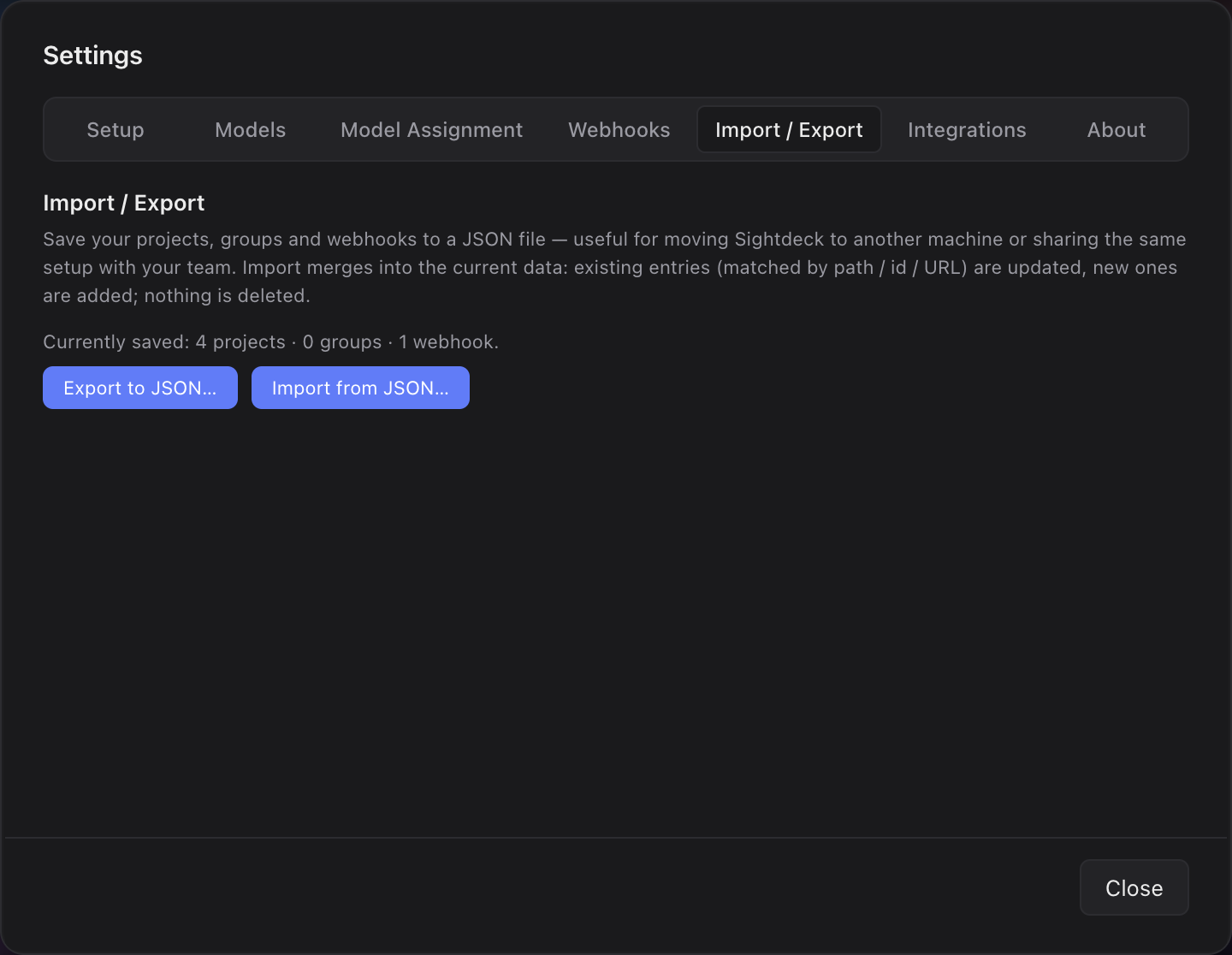 Settings Import / Export tab for moving setup between machines