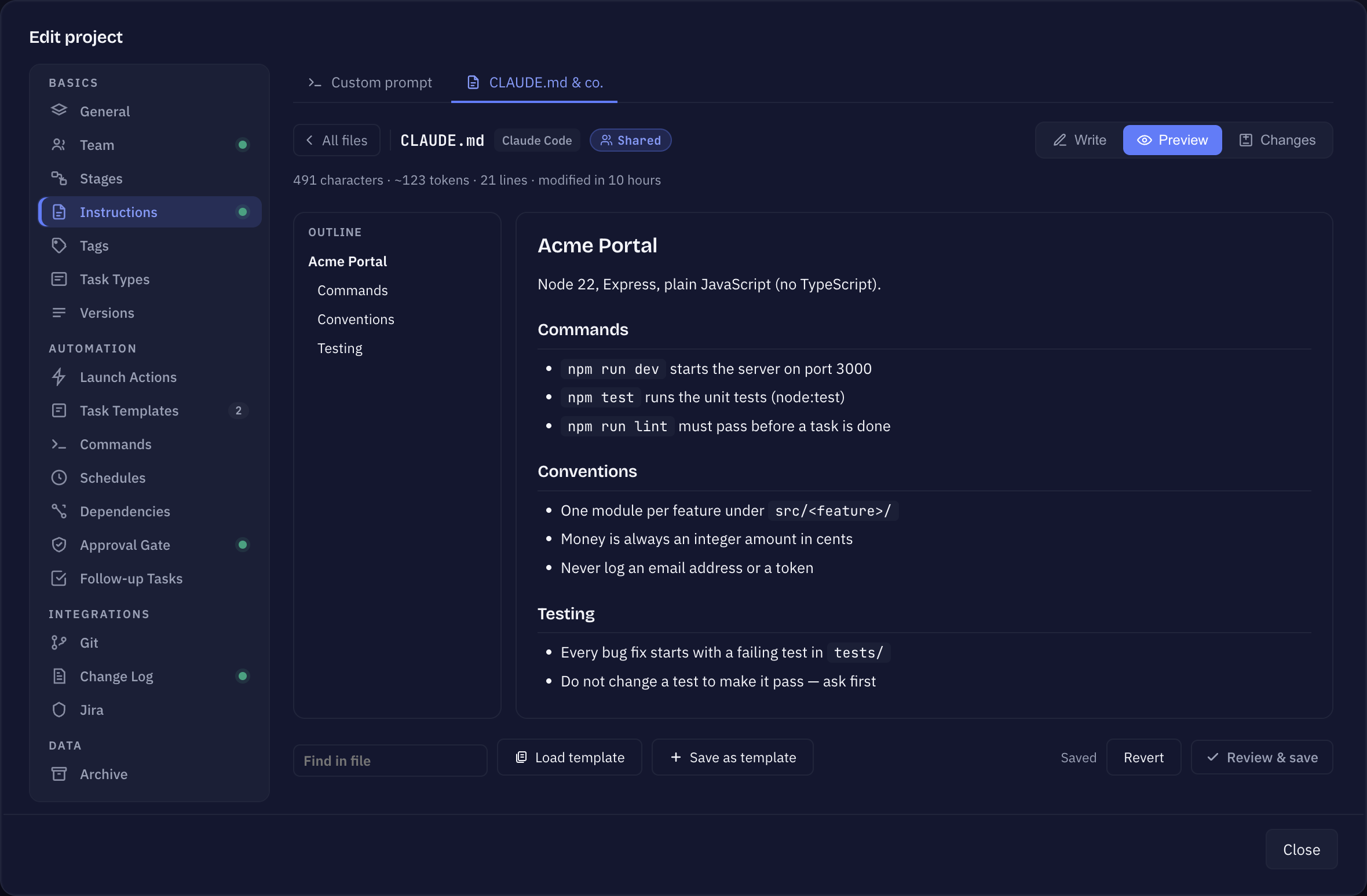 Sightdeck AI project settings, Instructions: the list of instruction files and the editor with preview and outline