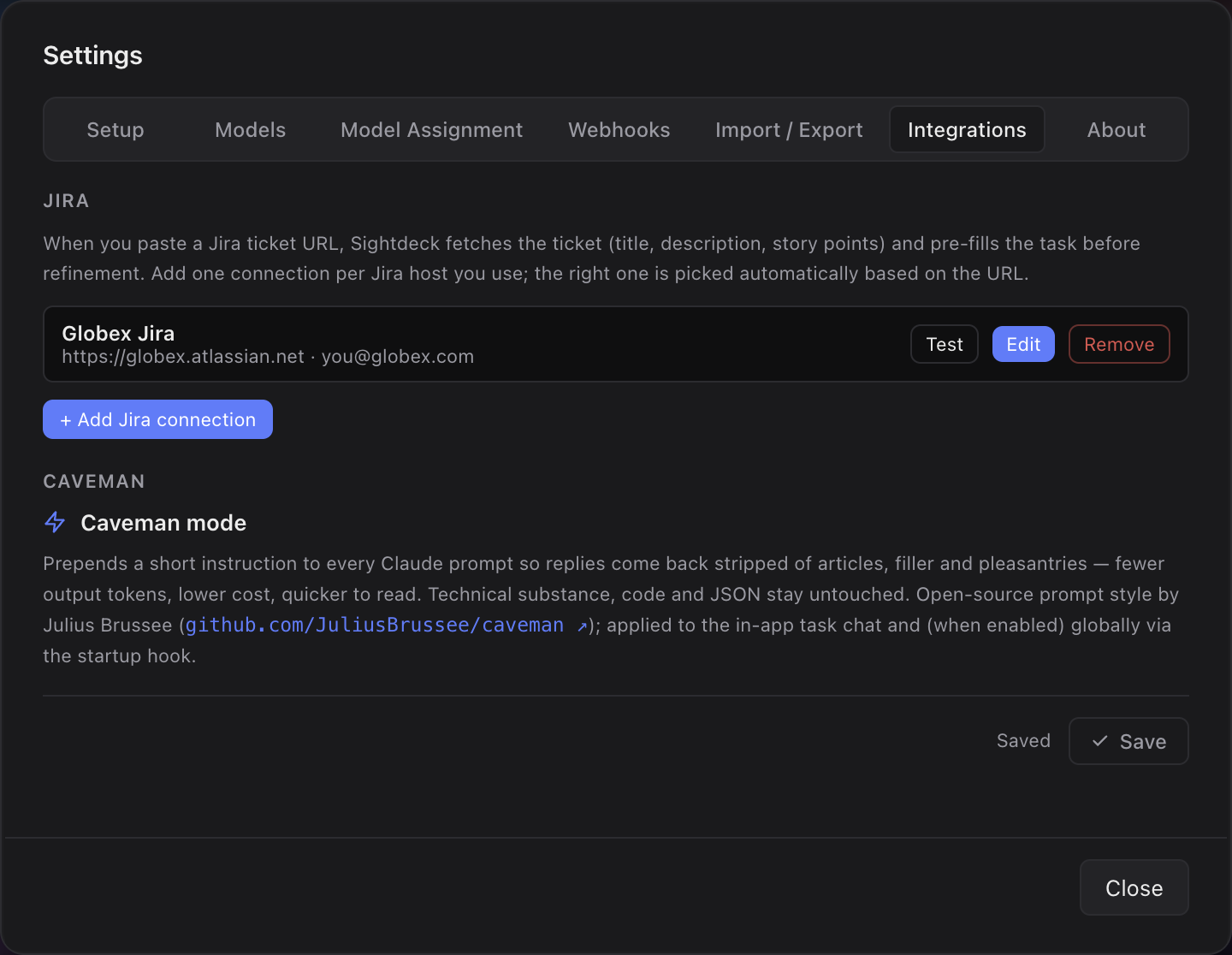 Settings Integrations tab with the Jira connection section