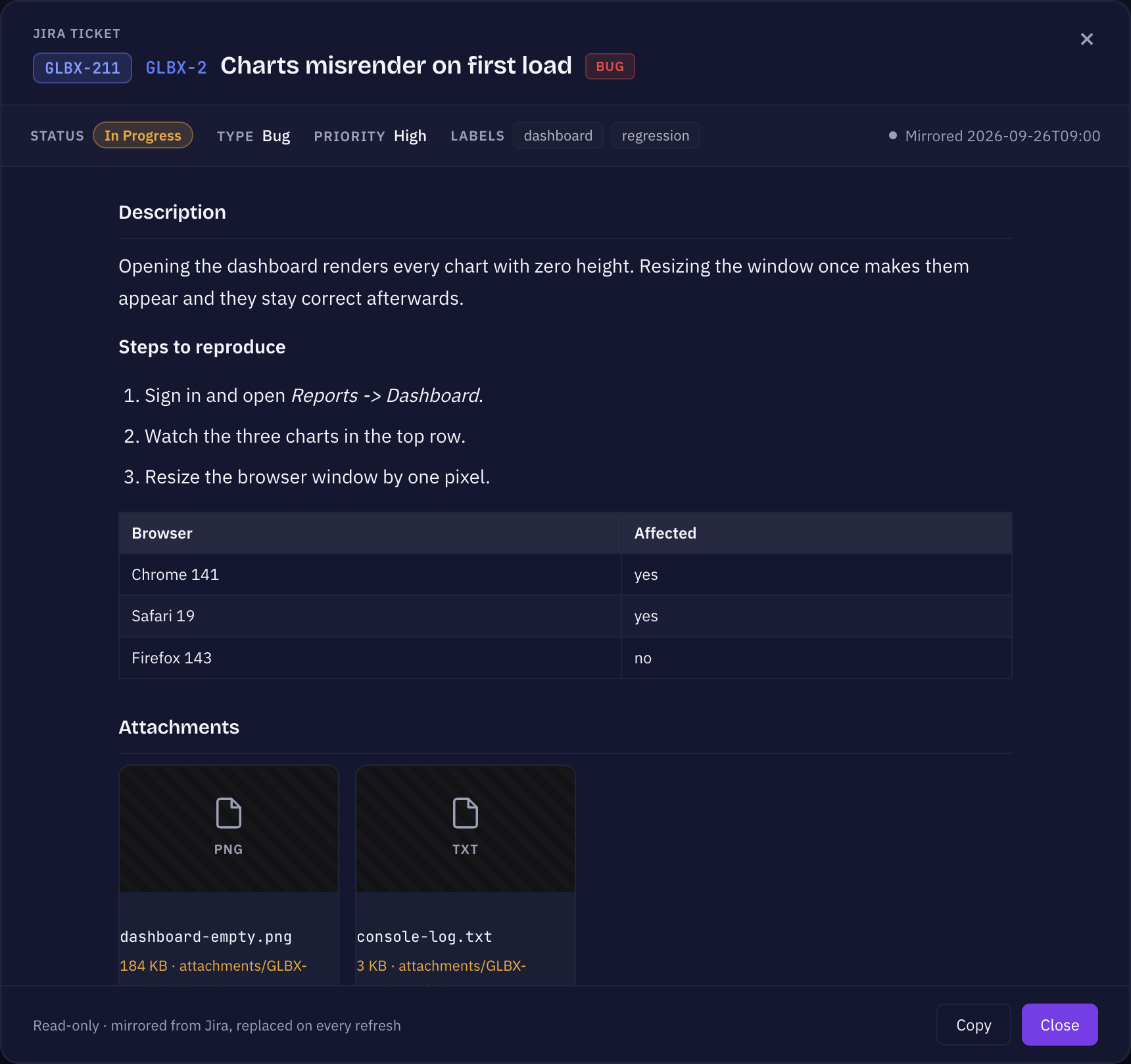 Sightdeck AI Jira ticket window: header with ticket key, meta strip, formatted description with a table, attachment tiles