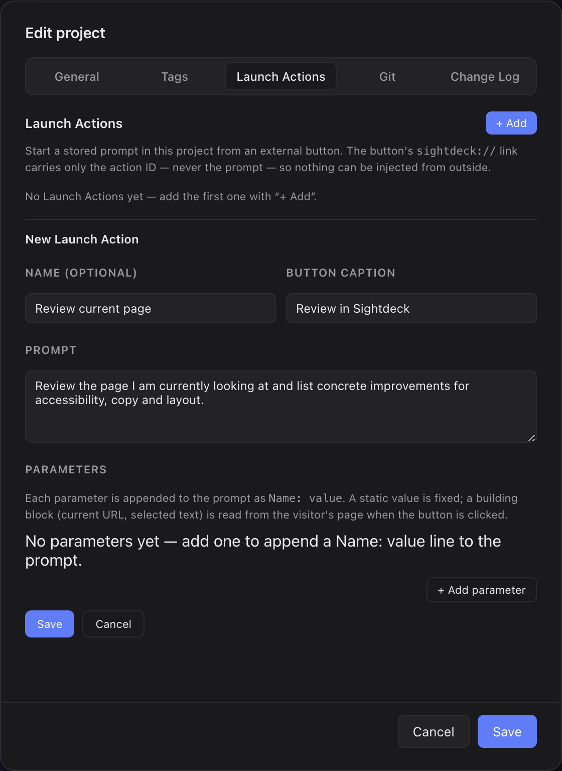 Project Settings Launch Actions tab with the editor open: name, button caption, prompt and parameters for a stored action