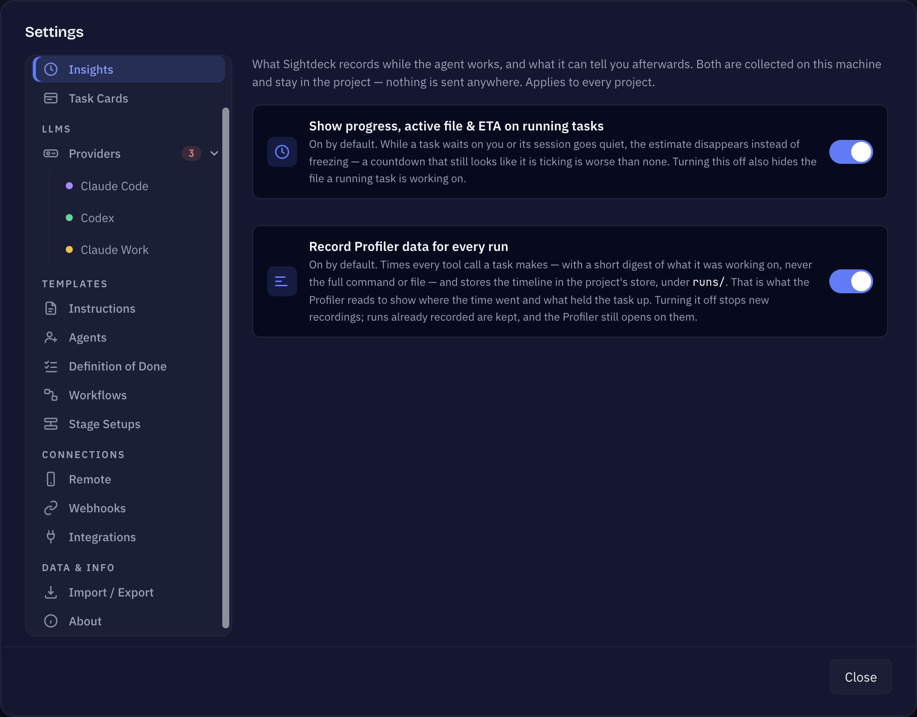 Settings, Insights tab with the Live Progress switch and the Profiler data collection switch