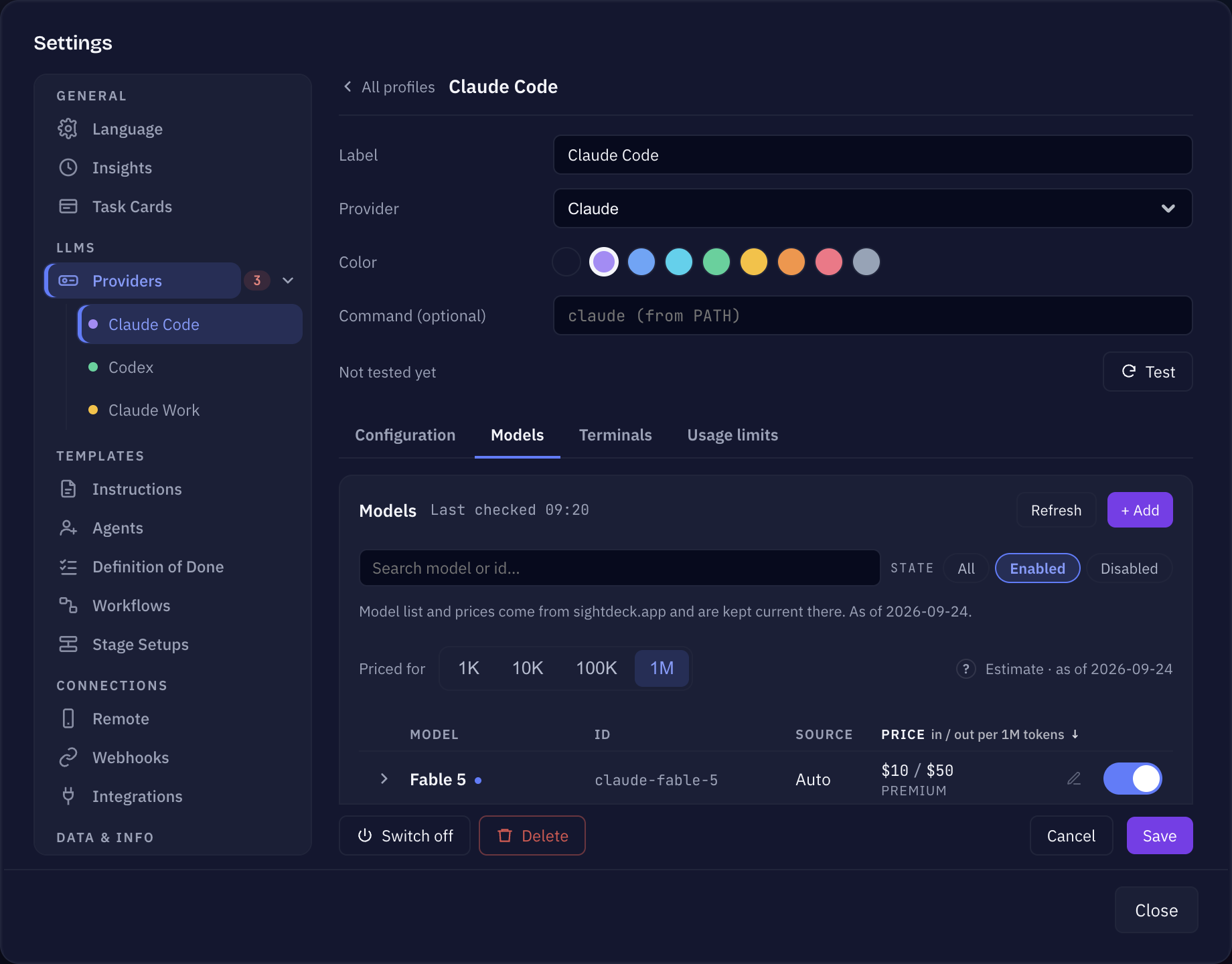 Sightdeck AI provider page, Models tab listing the models of that provider with their switches