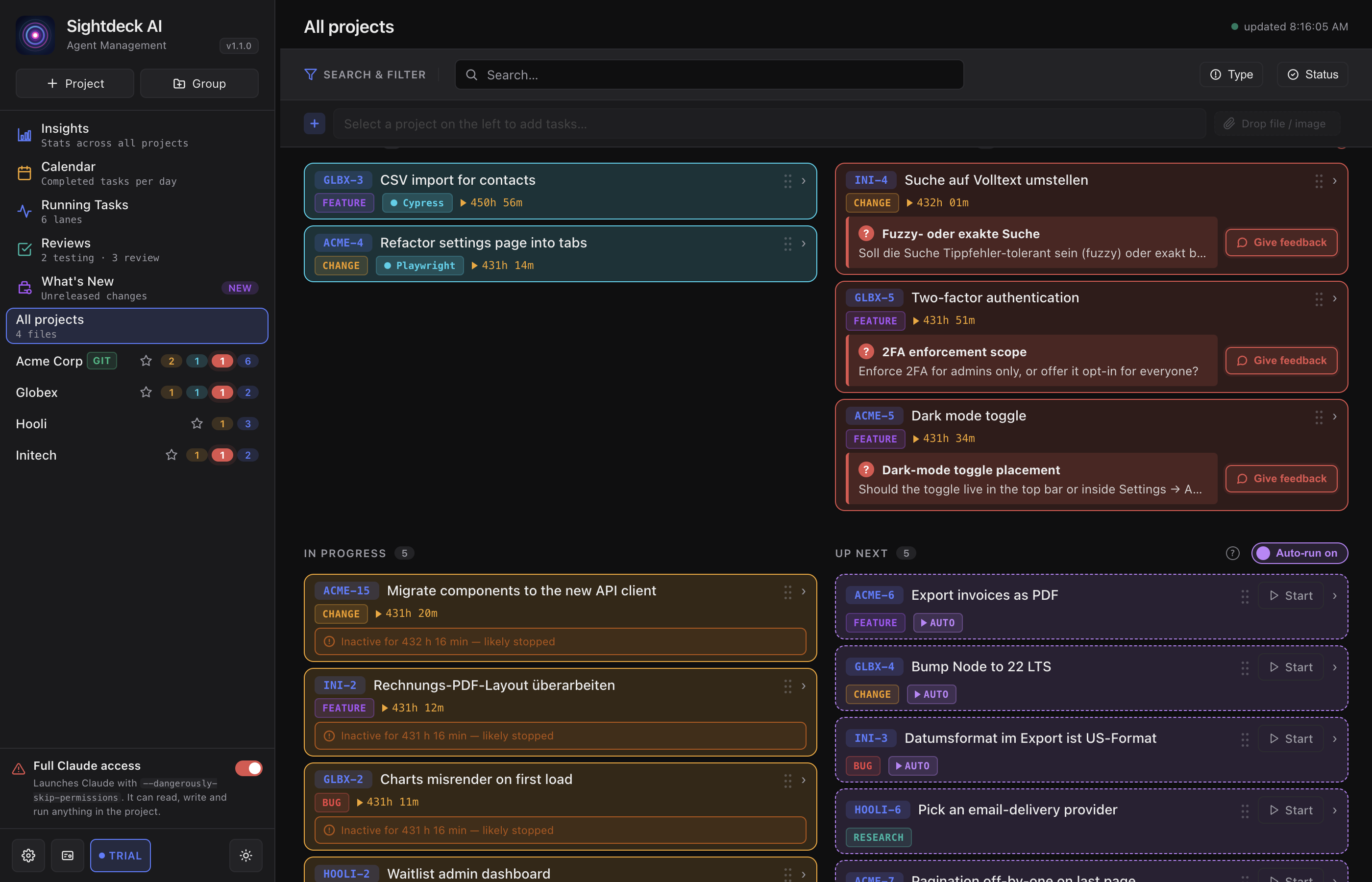 Sightdeck AI All Projects view showing tasks from several repos in one board