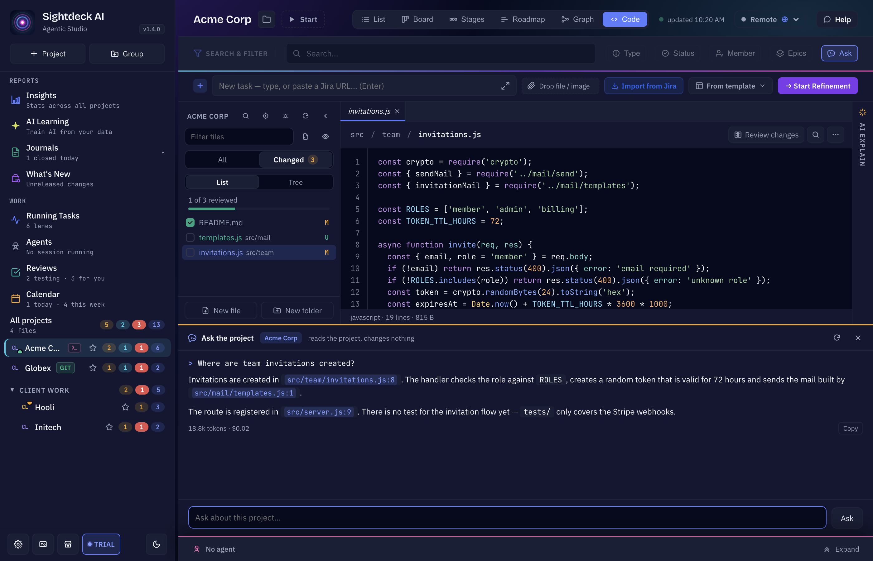 Sightdeck AI Ask the project pane: suggested questions, an answer with clickable file references, token count and cost