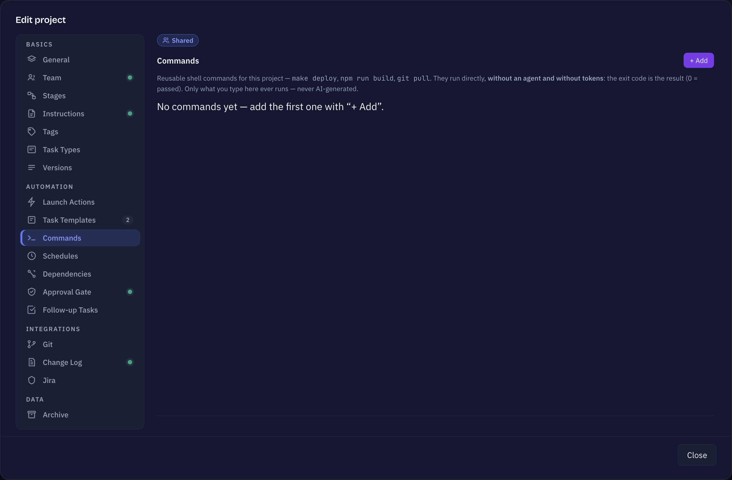 Project Settings Commands tab with the shell command, working directory and confirmation fields