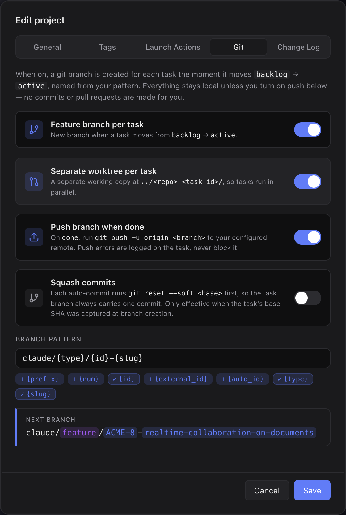 Project settings Git tab with feature-branch-per-task toggle