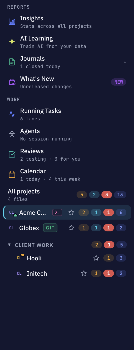 Sightdeck AI sidebar with a Client work group containing two projects, each row carrying count badges