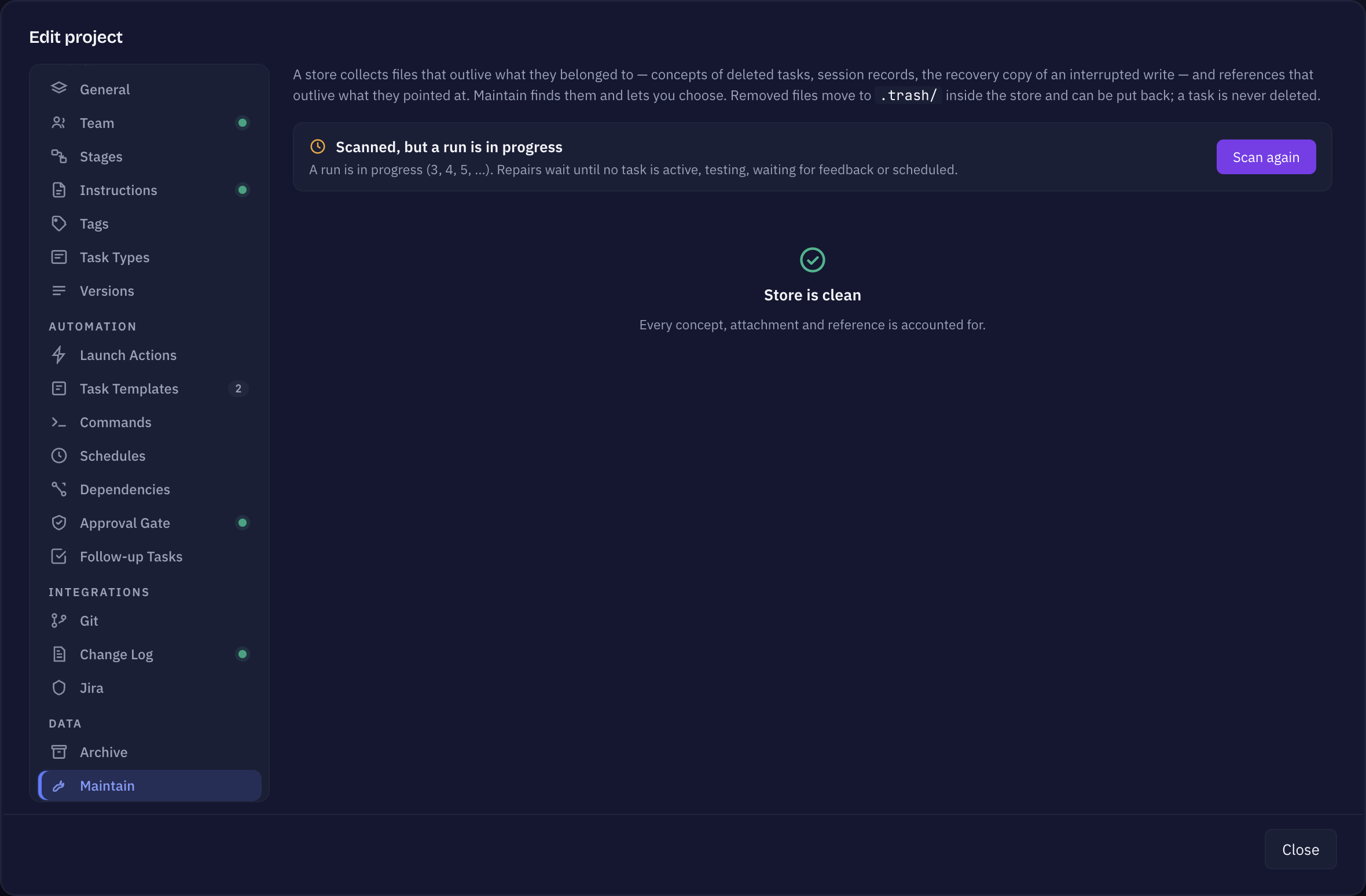 Sightdeck AI project settings, Maintain tab: scan results with a checkbox per finding and the apply summary