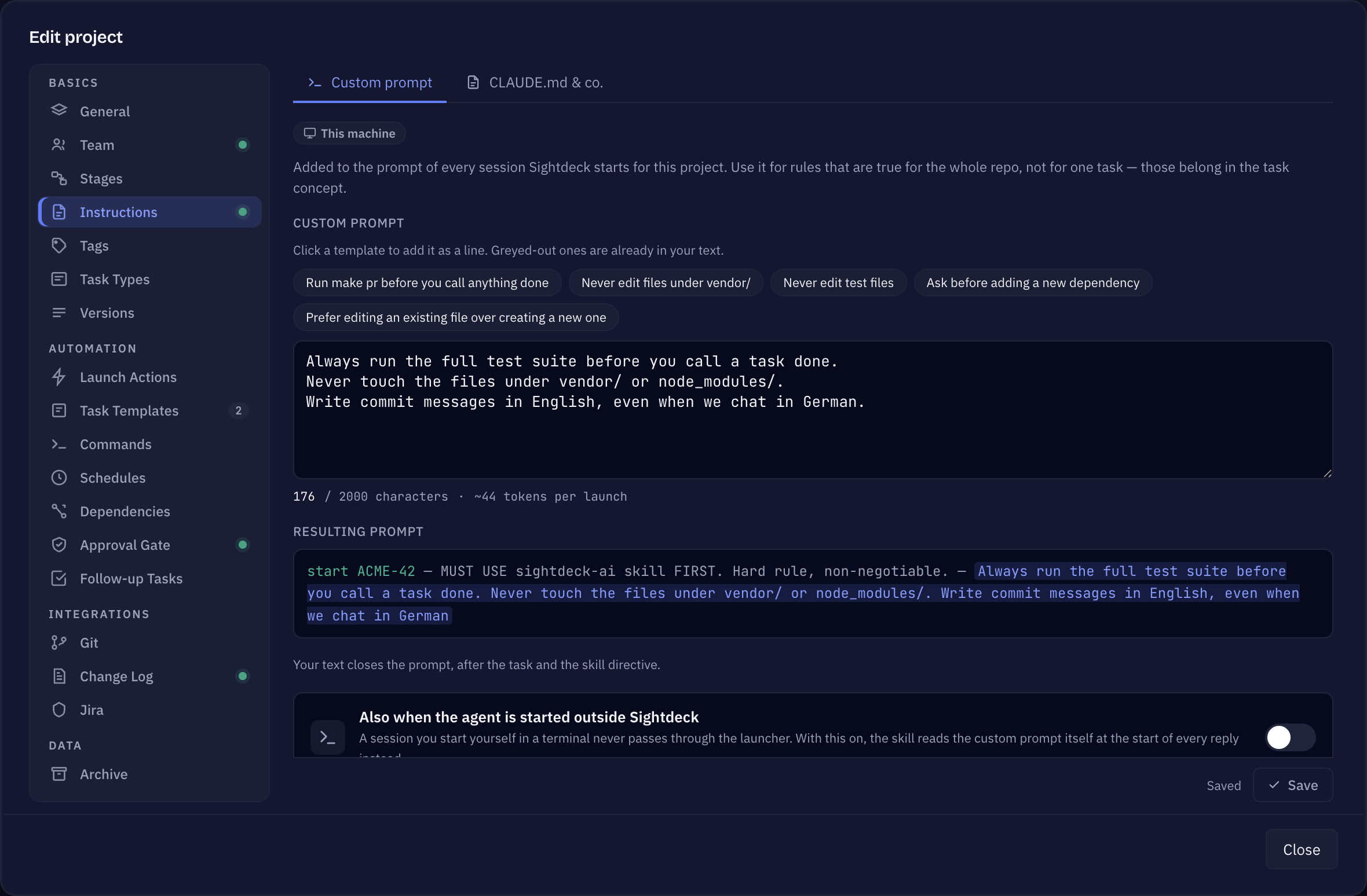 Project settings Instructions tab, Custom prompt: a text area, the resulting prompt and a live token-cost readout
