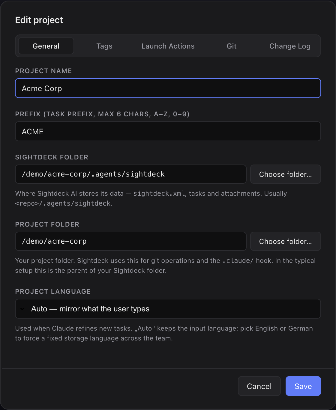 Project settings General tab showing the task prefix field