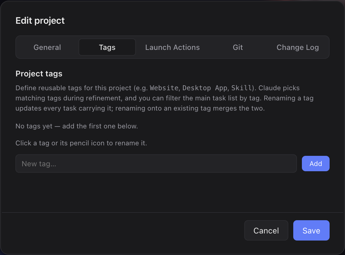 Project settings Tags tab for defining reusable labels