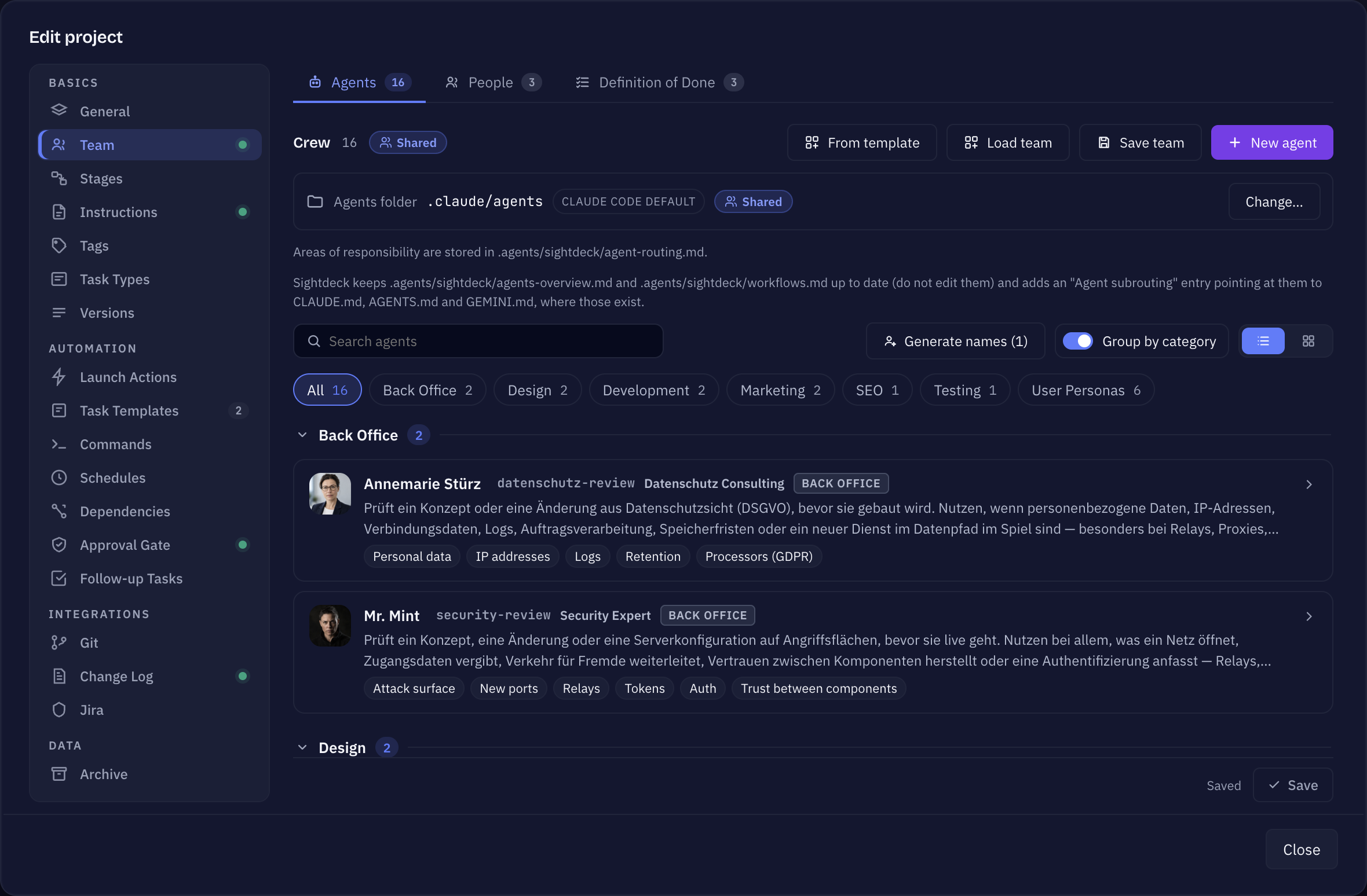 Project settings Team tab with member names, prefixes and a Claim button