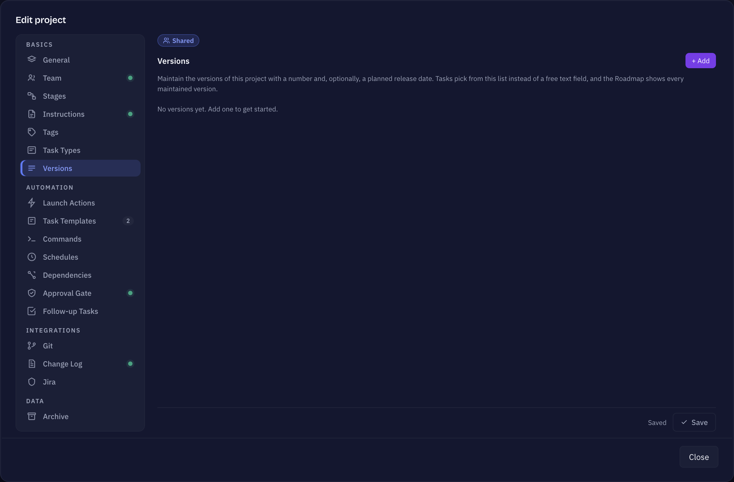Project settings Versions tab: managed versions with their planned release dates and released state