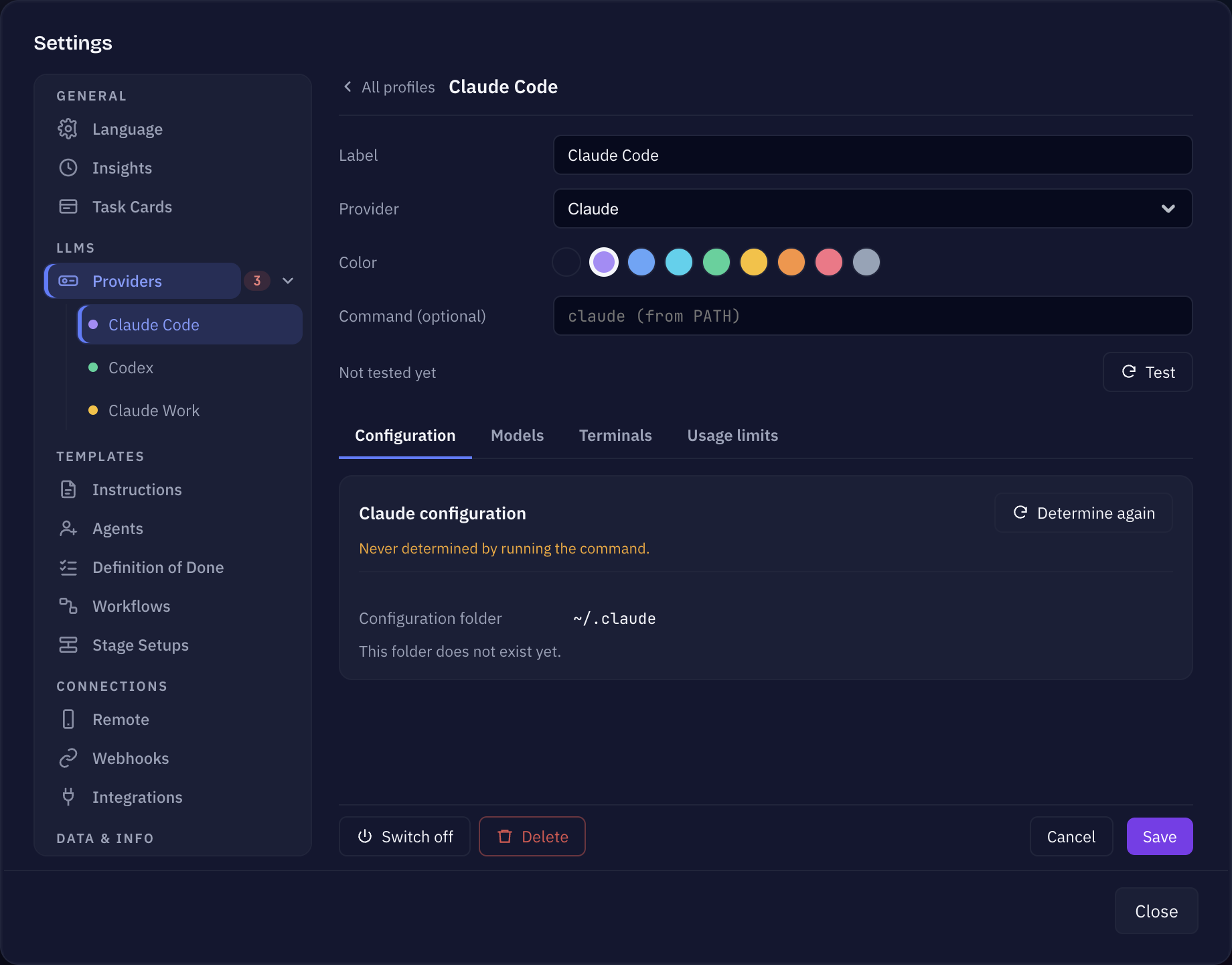 Settings, Providers: a provider profile page with label, provider, color, command and the tabs Configuration, Models, Terminals and Usage limits