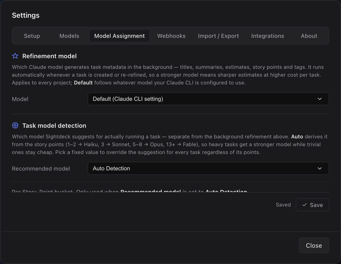 Settings Refinement tab mapping story points to a Claude model