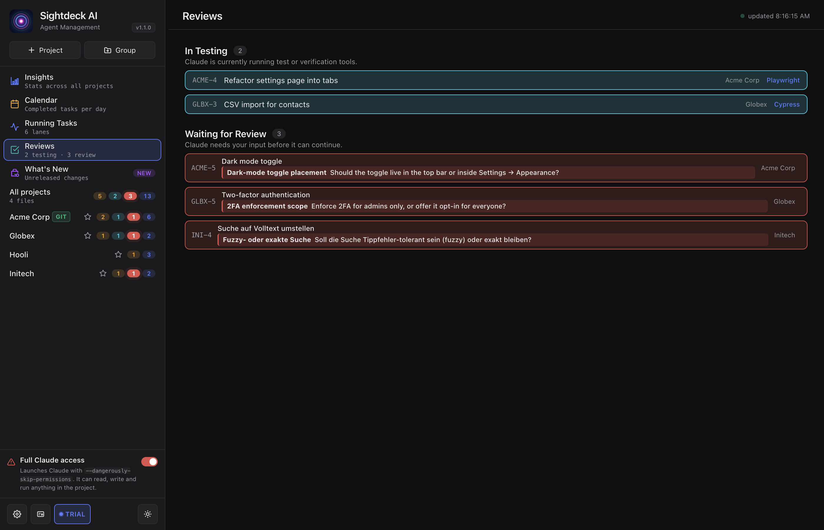 Reviews view grouping answered, testing and waiting-for-review tasks