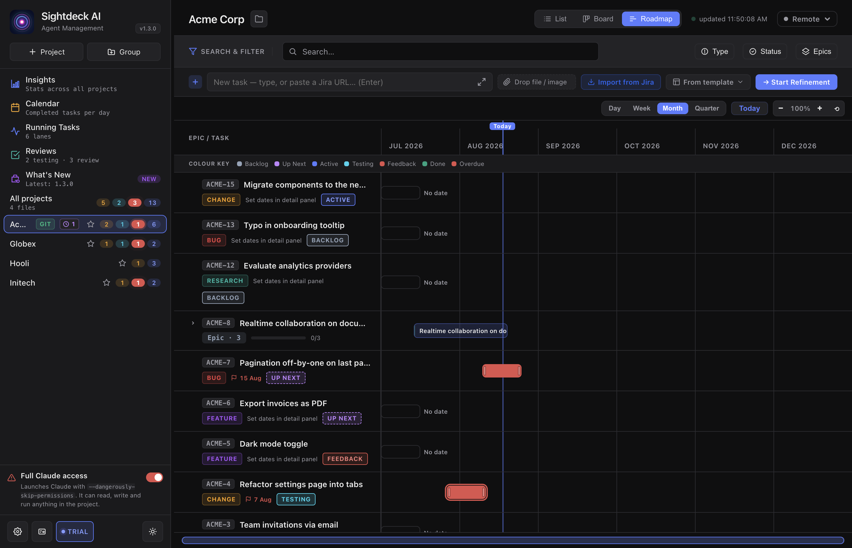 Sightdeck AI Roadmap view — tasks as span-bars on a month timeline, an Epic row spanning its subtasks, and a Today marker