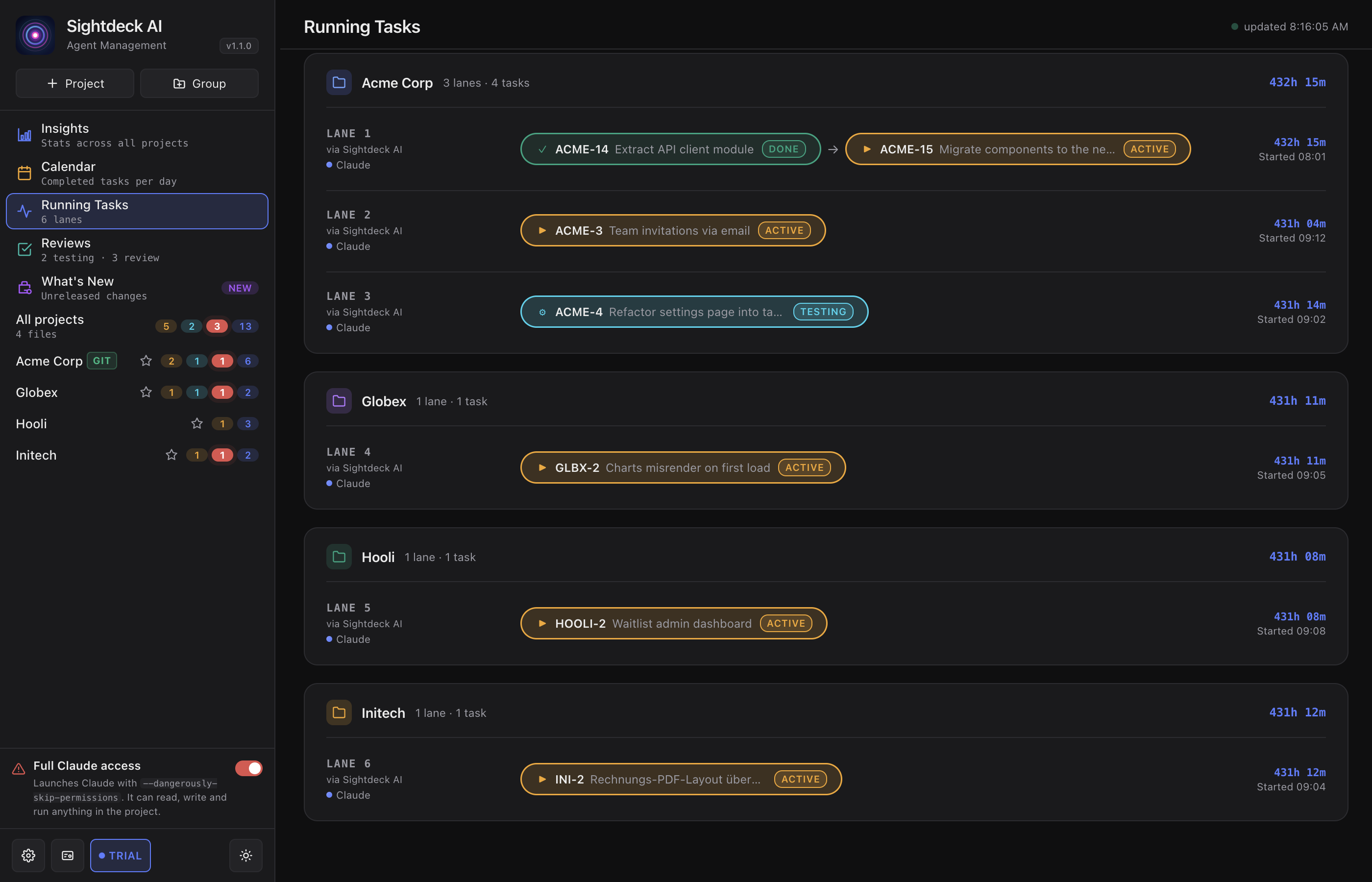 Running Tasks view with several lanes side by side