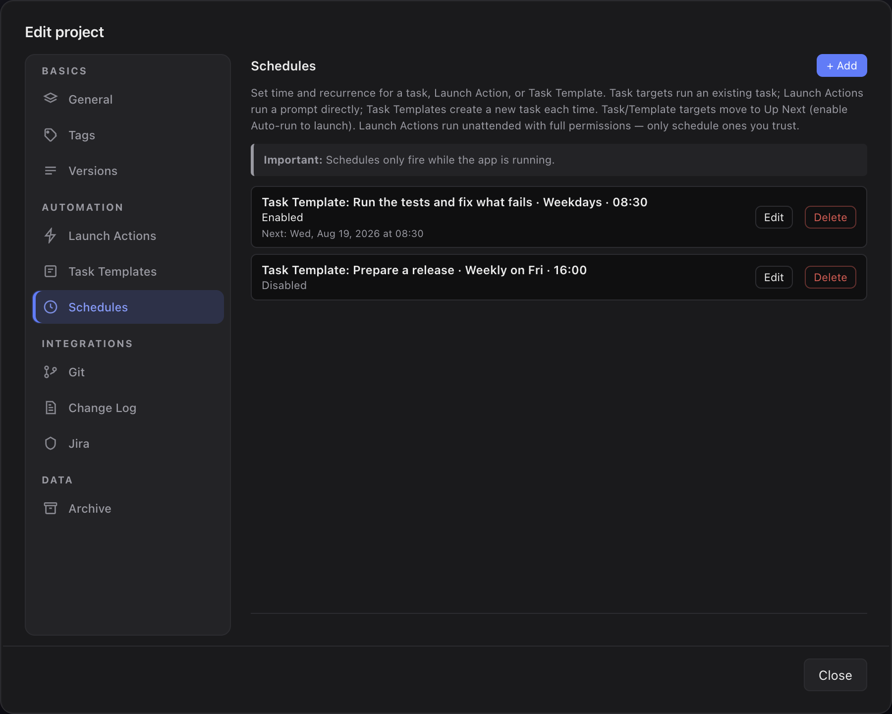 Project settings Schedules tab with an enabled and a disabled schedule