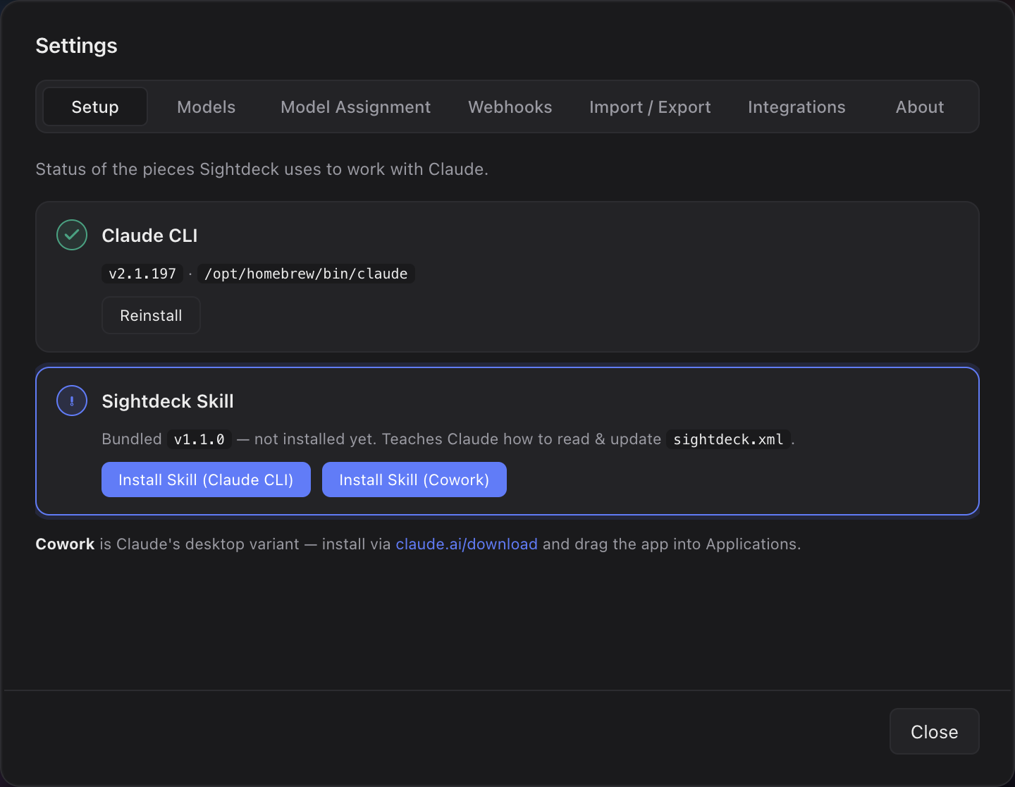 Sightdeck AI Setup screen with the Install Skill step