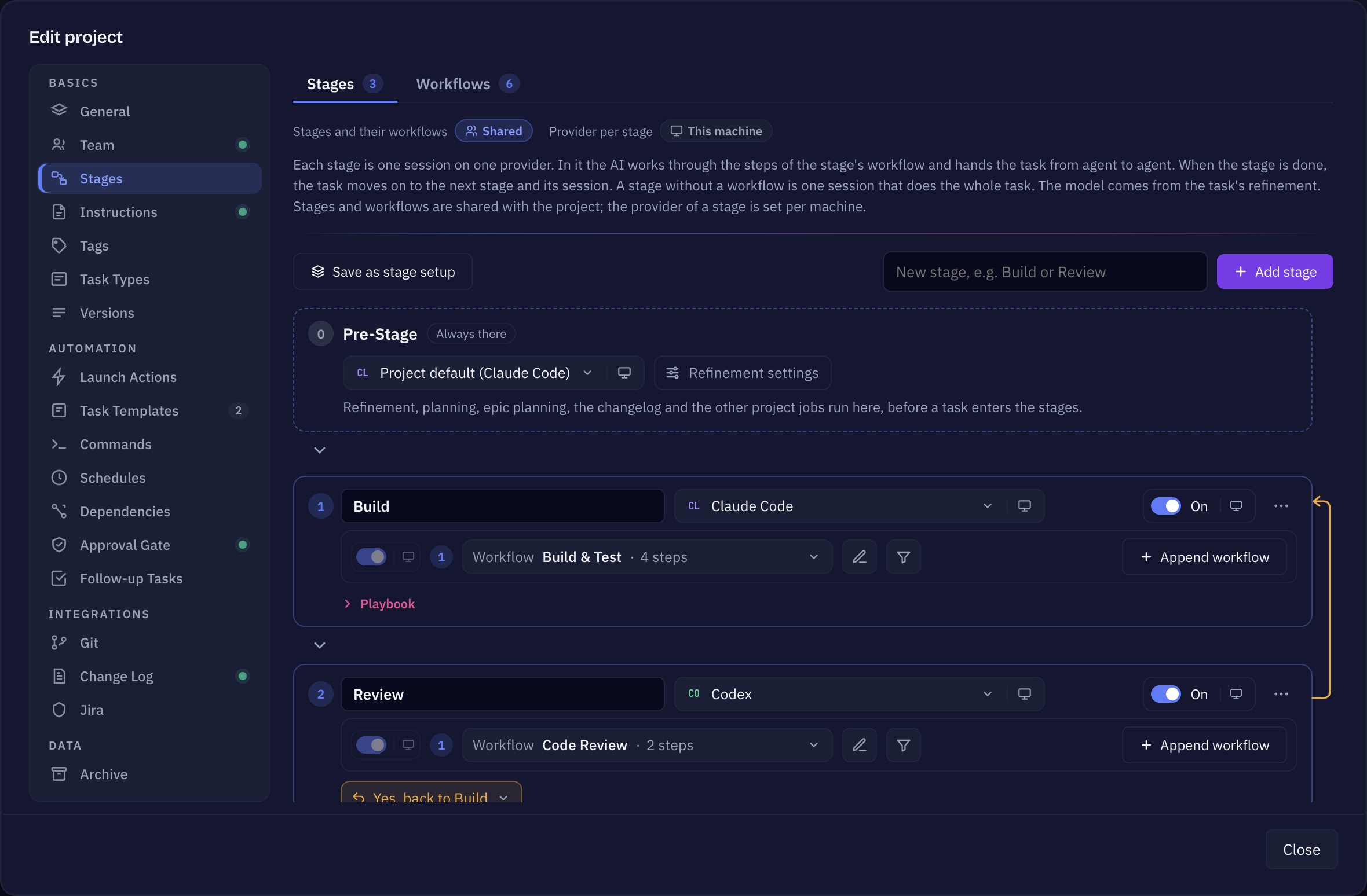 Sightdeck AI project settings, Stages: the Pre-Stage and three stages, each with its provider, its workflow and whether it may send a task back