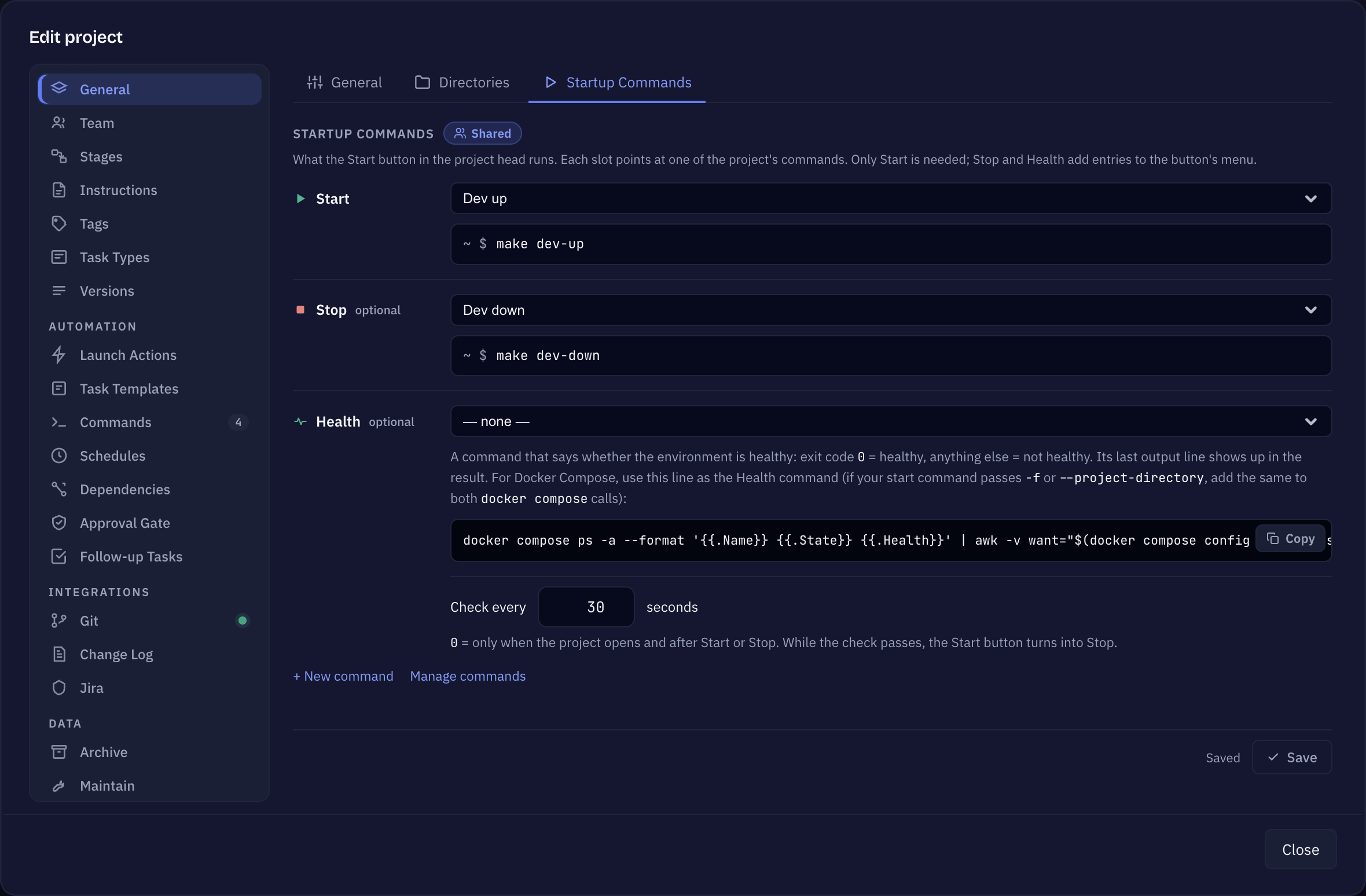 Sightdeck AI: the Start button in the project head with its menu open, and the Startup Commands settings with Start, Stop and Health slots