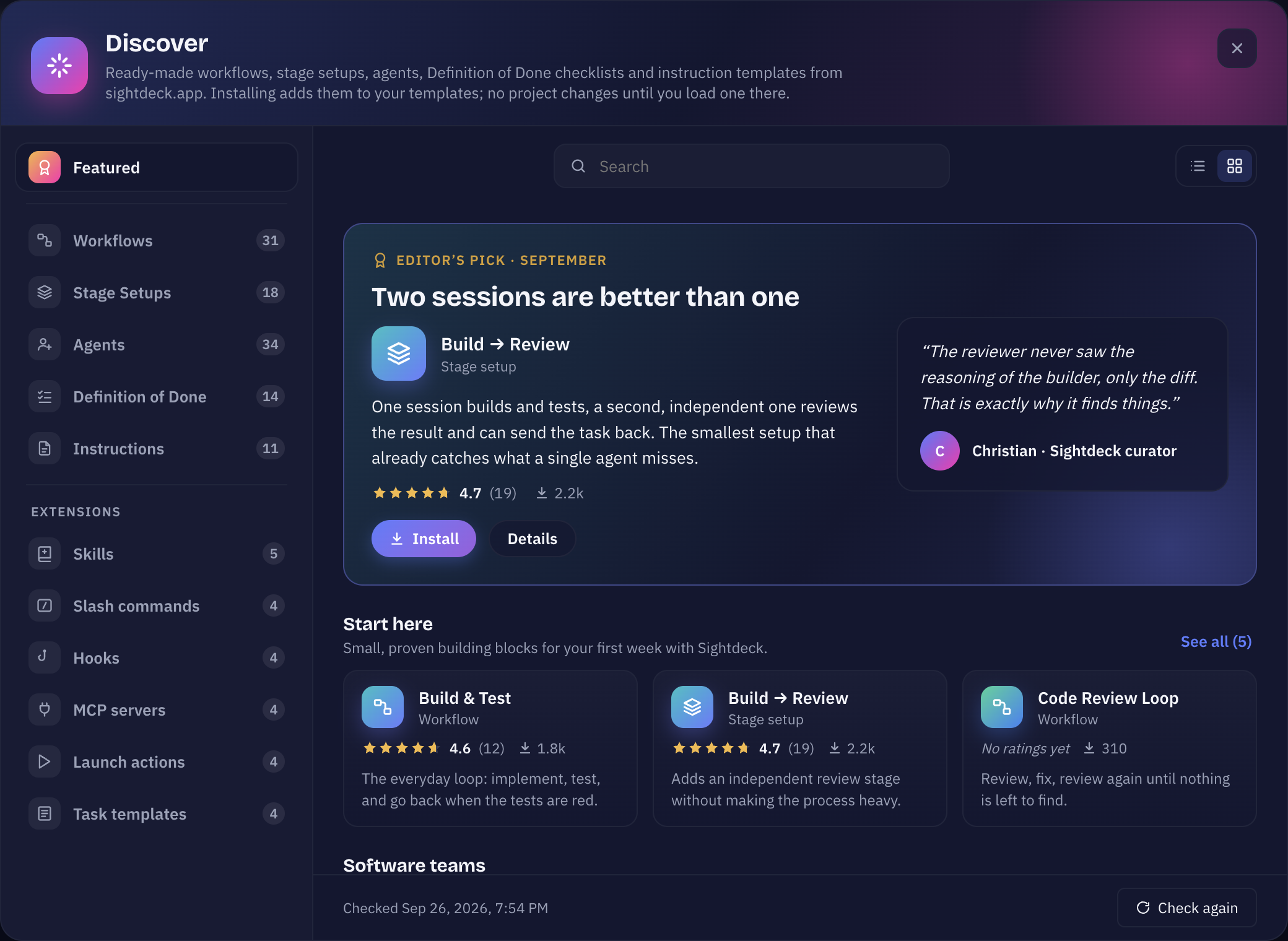 The Sightdeck AI Store with featured workflows, ratings and install buttons