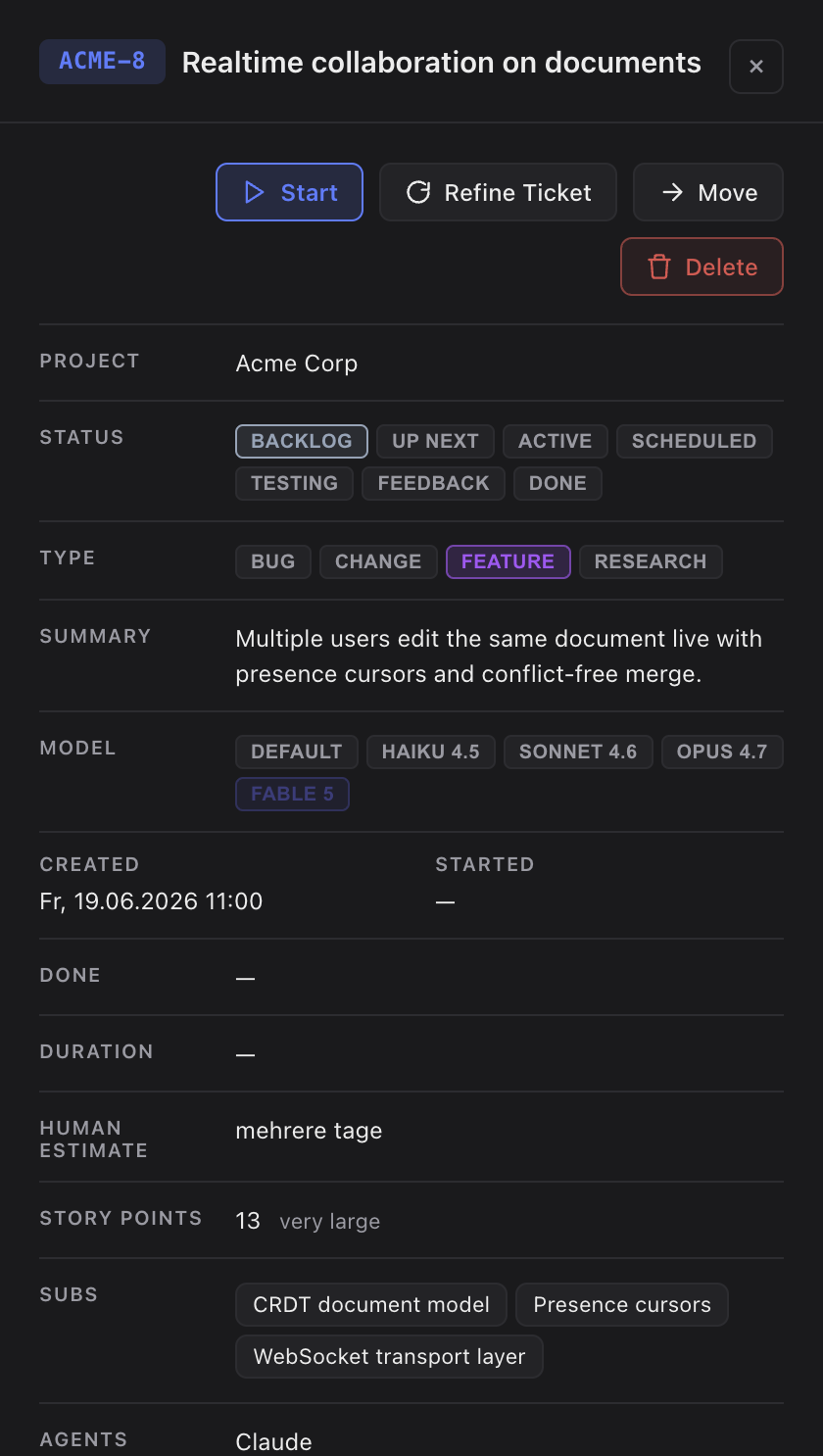 Epic task detail listing its refined subtasks
